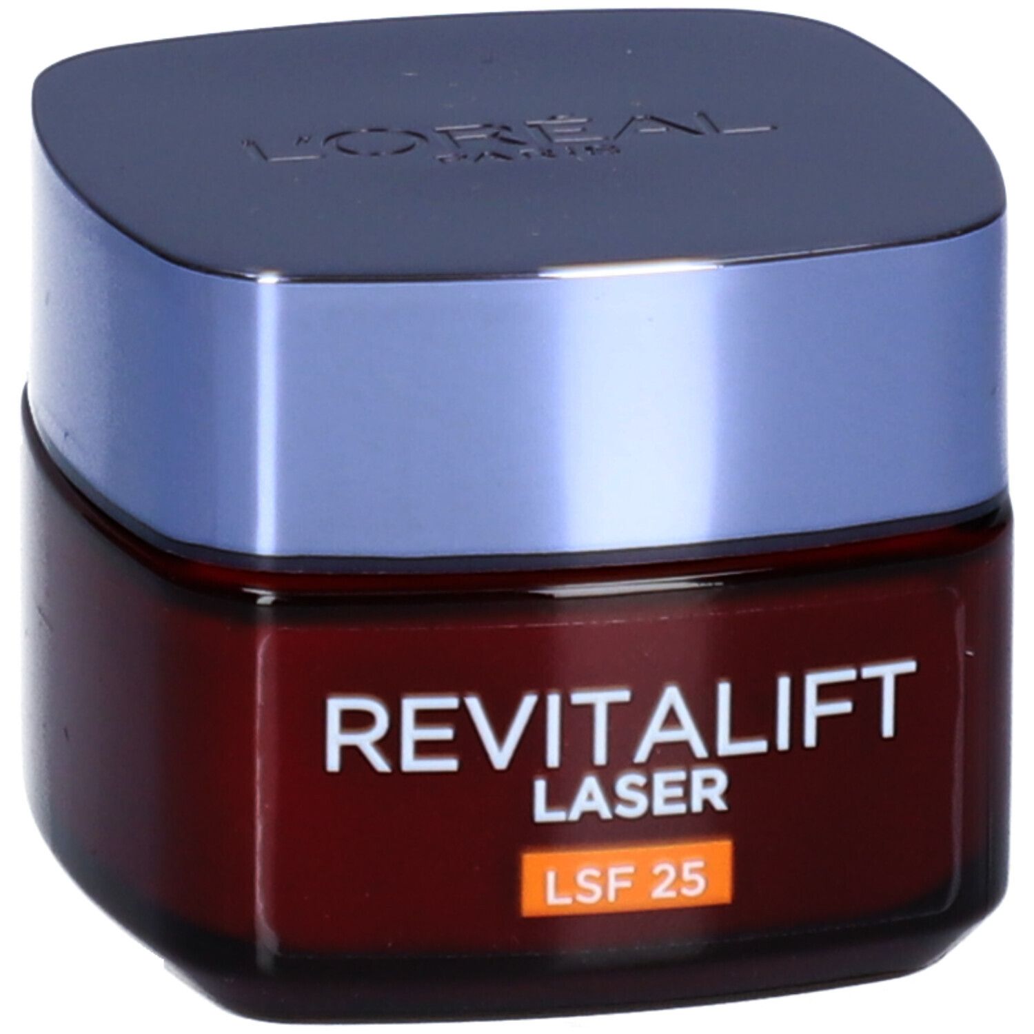 Braune Creme-Dose mit blauem Deckel. Aufschrift: REVITALIFT LASER, LSF 25. Marke L'ORÉAL.