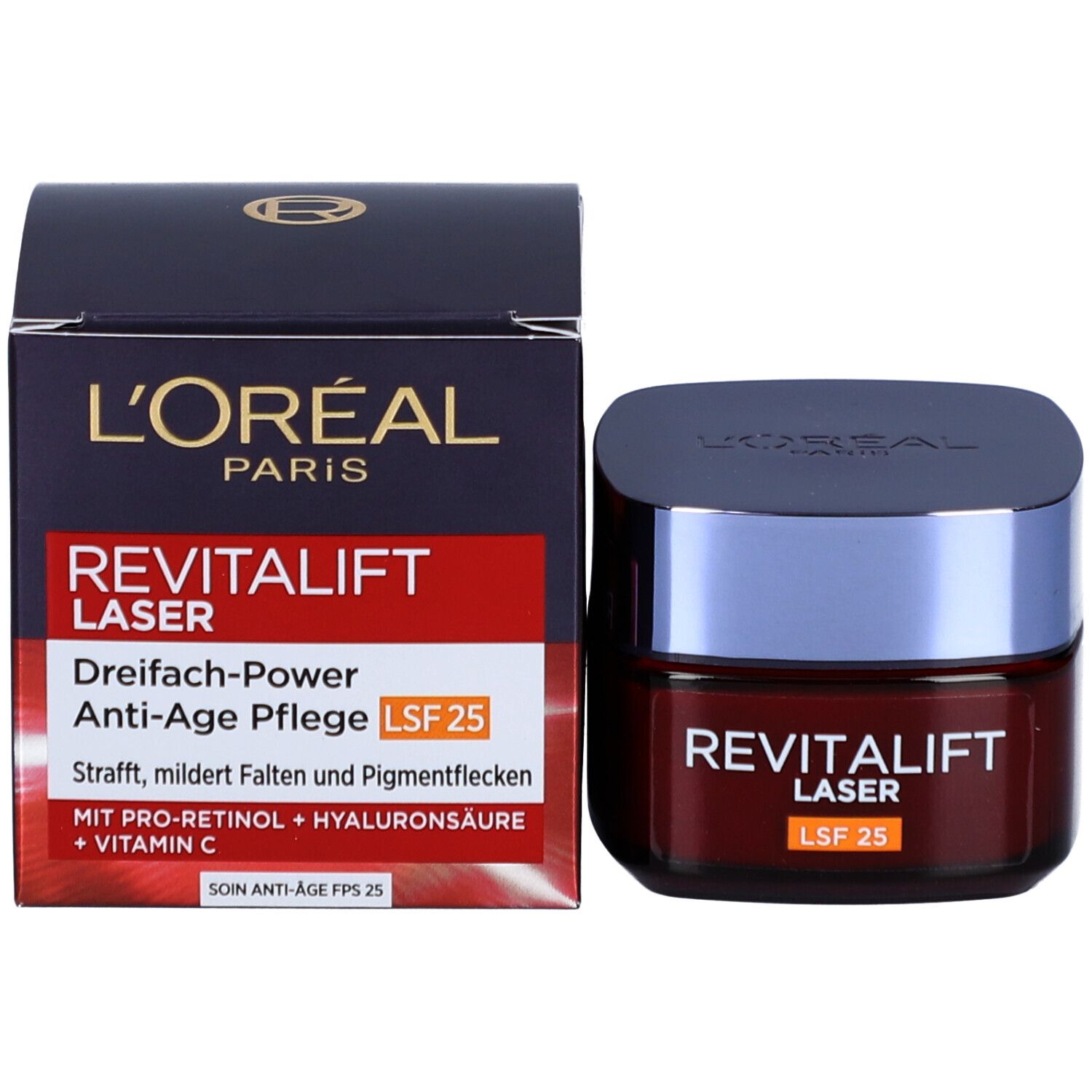 Creme-Dose und Verpackung. Aufschrift: REVITALIFT LASER, LSF 25. Marke L'ORÉAL. Mit Text.