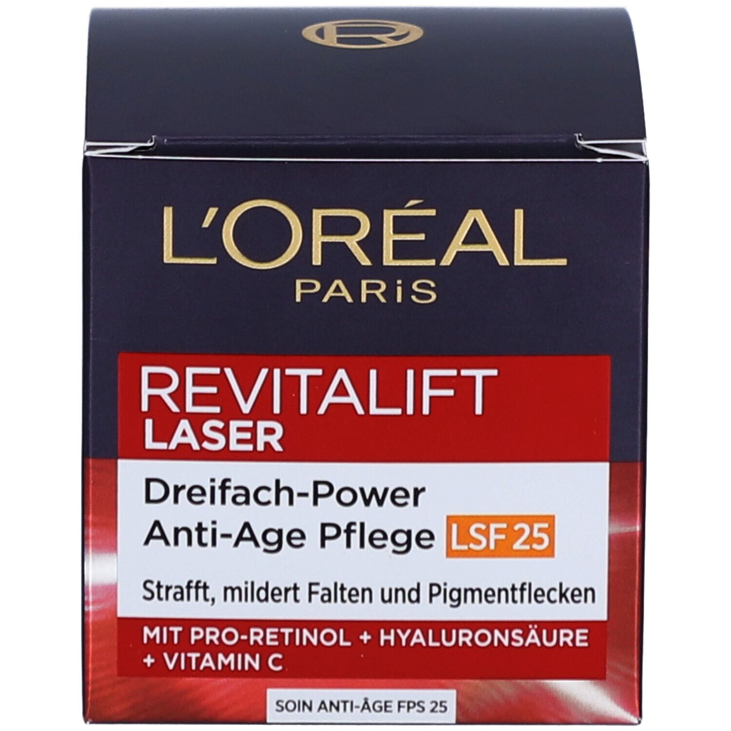 Verpackung. Aufschrift: REVITALIFT LASER, LSF 25. Marke L'ORÉAL. Mit Text.