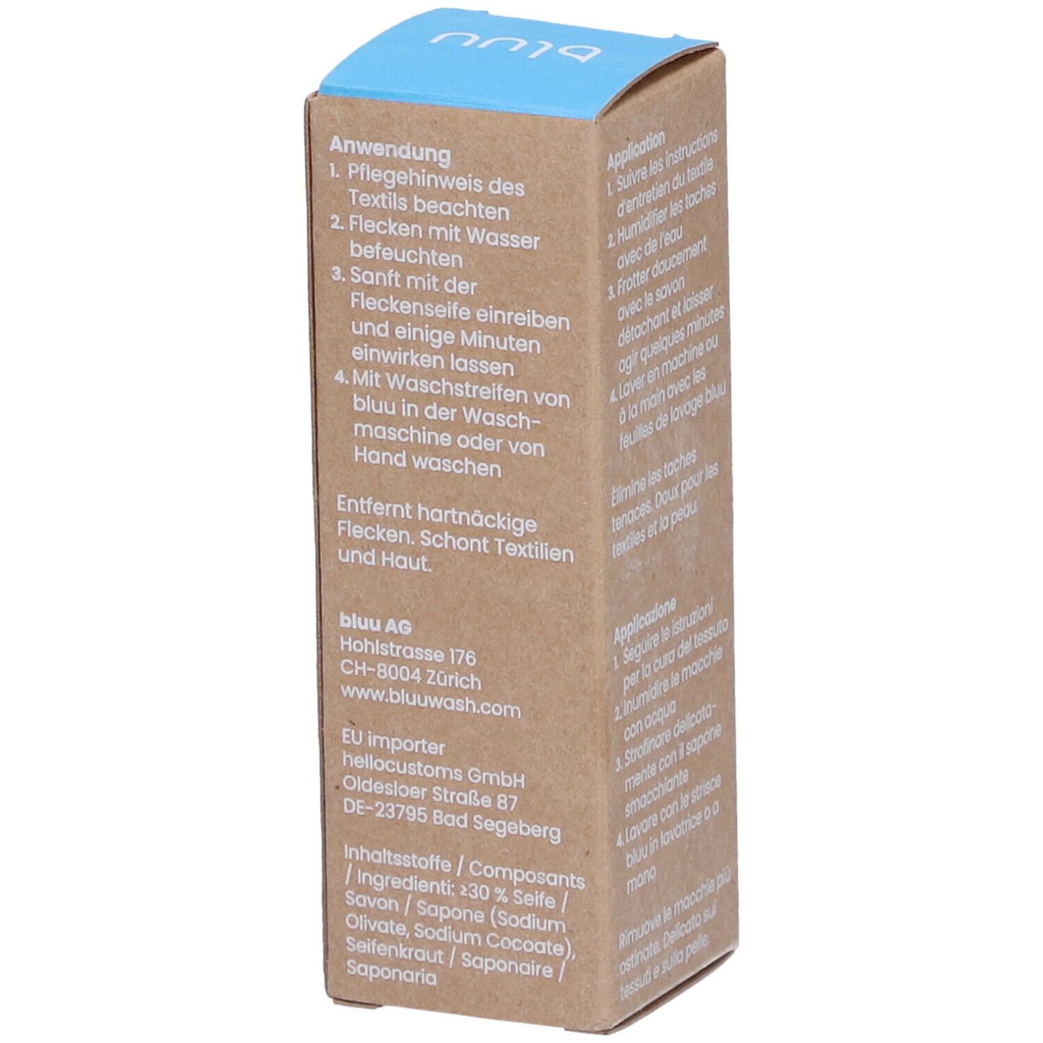 Karton mit Informationen zu Inhaltsstoffen, Herstelleradresse und Importeur. Text: "bluu AG", "EU importer", "Inhaltsstoffe/Composants".