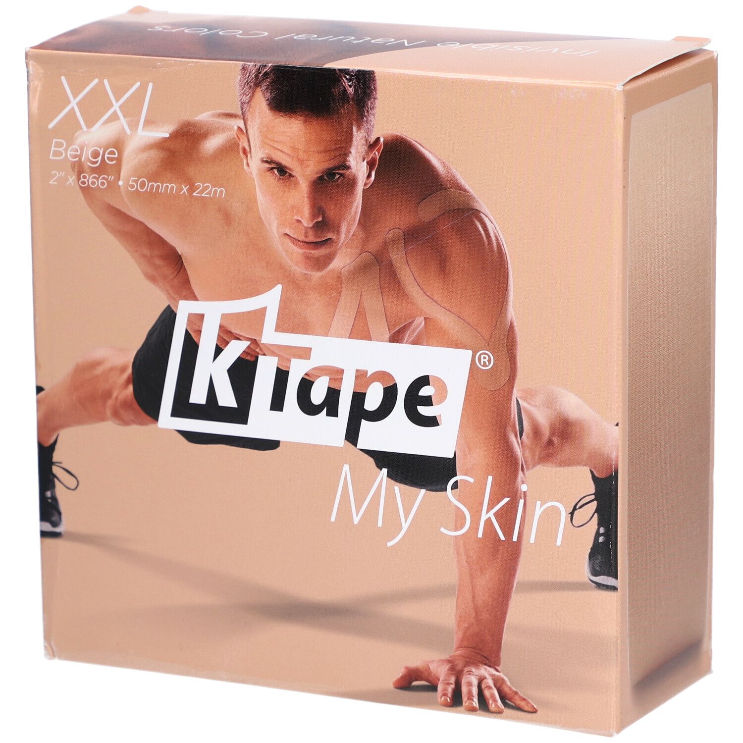 Verpackung mit K-Tape XXL. Beige, 2 x 866" x 50mm x 22m. Mann in Sportpose abgebildet.