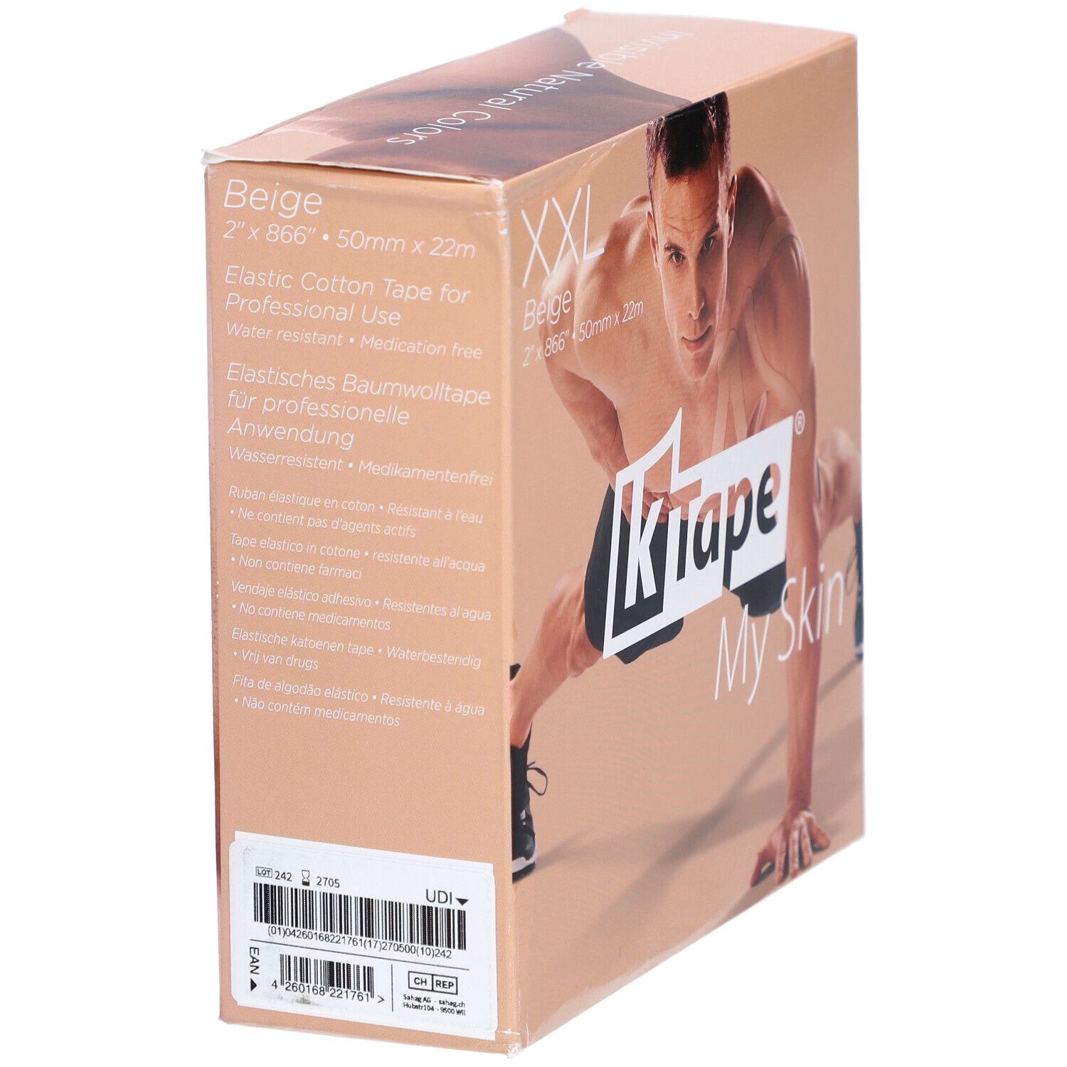 K-Tape XXL Verpackung. Beige, 2 x 866" x 50mm x 22m. Text: Elastic Cotton Tape for Professional Use.
