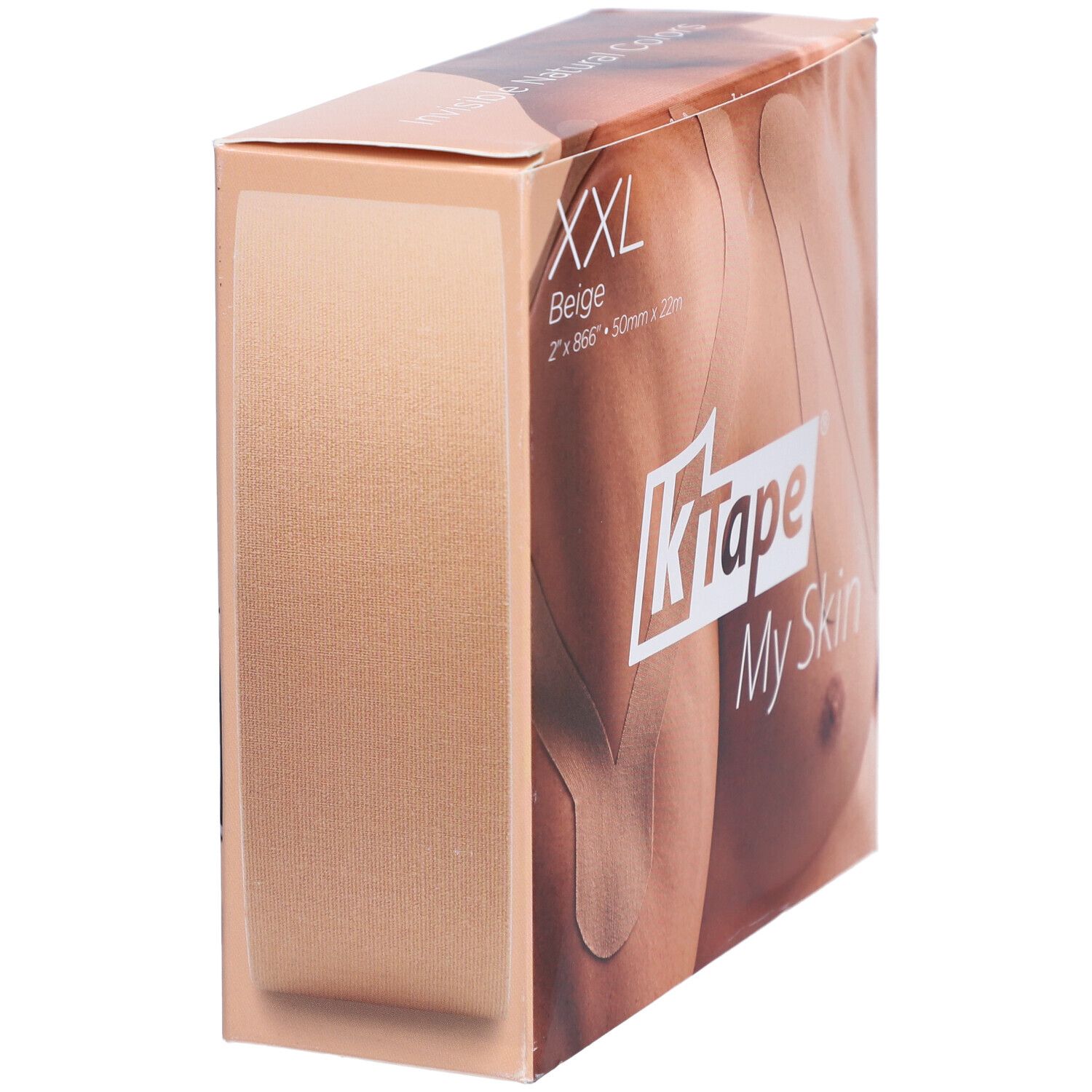 K-Tape XXL Verpackung. Beige, 2 x 866" x 50mm x 22m. Seitenansicht der Verpackung.