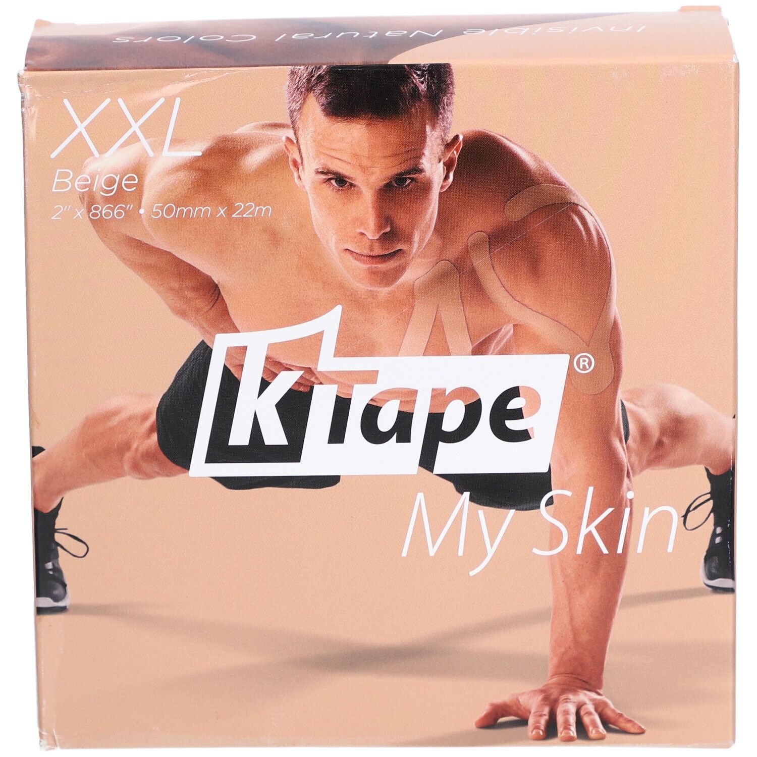 K-Tape XXL Verpackung. Beige, 2 x 866" x 50mm x 22m. Mann in Sportpose abgebildet.