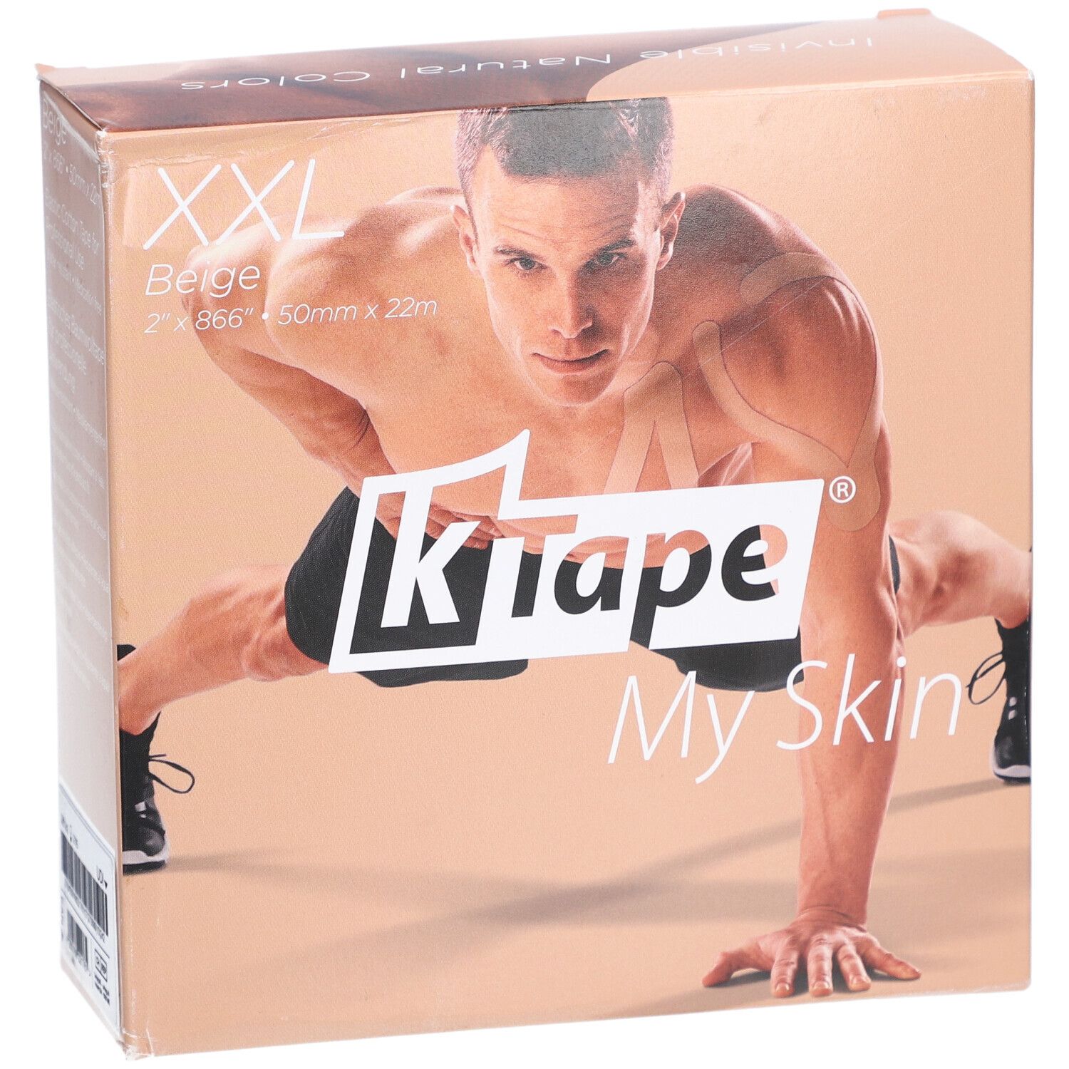 K-Tape XXL Verpackung. Beige, 2 x 866" x 50mm x 22m. Mann in Sportpose abgebildet.