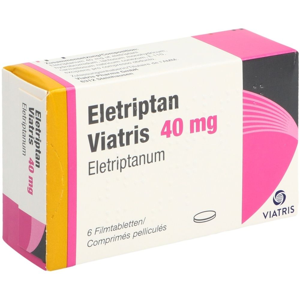 Schachtel mit Eletriptan Viatris 40 mg Filmtabletten. Aufschrift: 6 Filmtabletten. Rosa und weiße Verpackung mit Viatris-Logo.