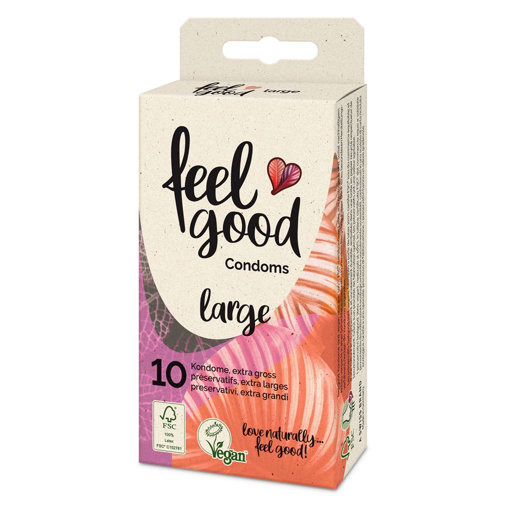 Schachtel mit Kondomen. Aufschrift: feel good Condoms large. 10 Stück. FSC-Siegel und Vegan-Logo.