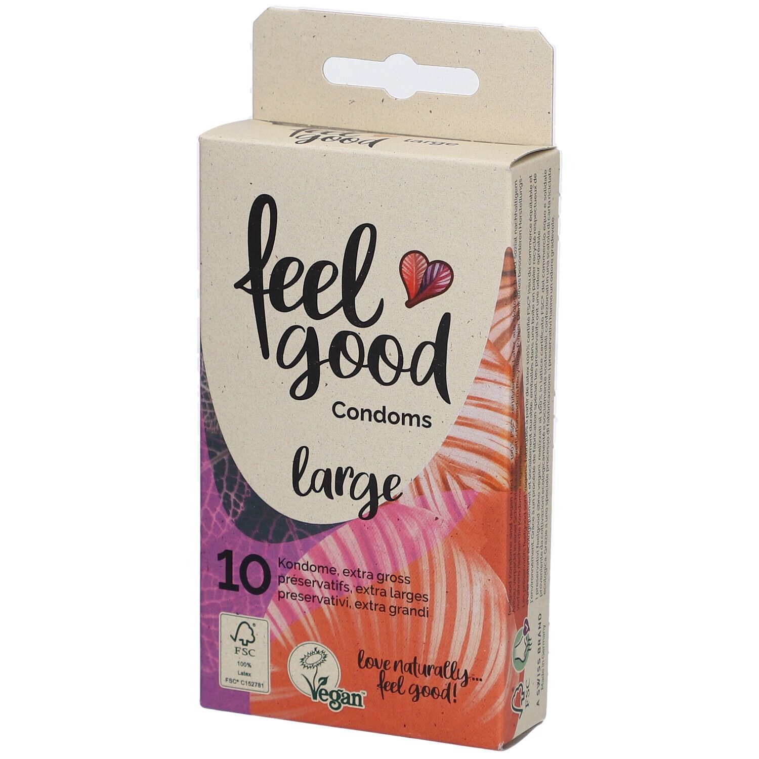 Schachtel mit Kondomen. Aufschrift: feel good Condoms large. 10 Stück. FSC-Siegel und Vegan-Logo.
