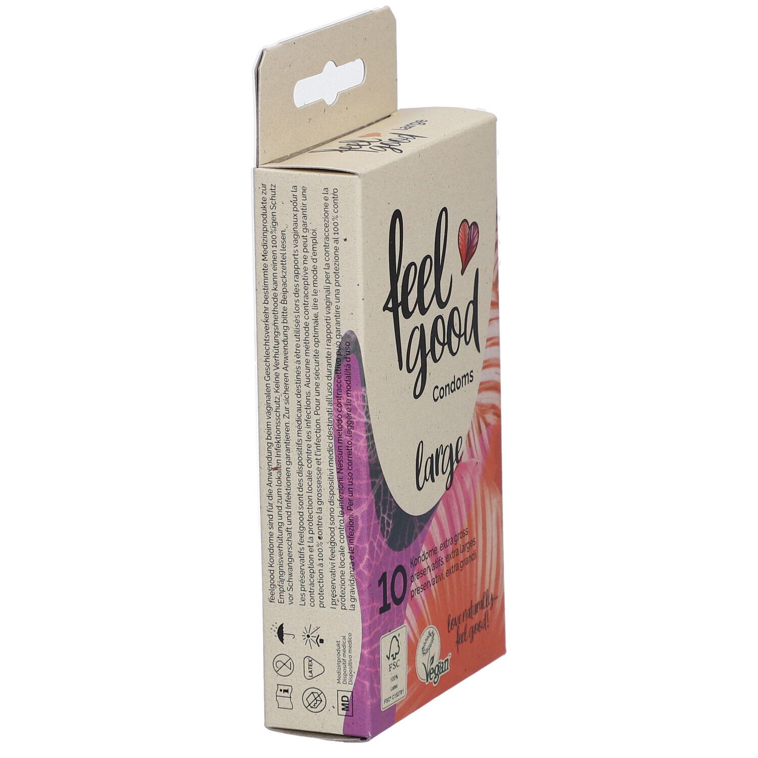 Schachtel mit Kondomen. Aufschrift: feel good Condoms large. 10 Stück. FSC-Siegel und Vegan-Logo.