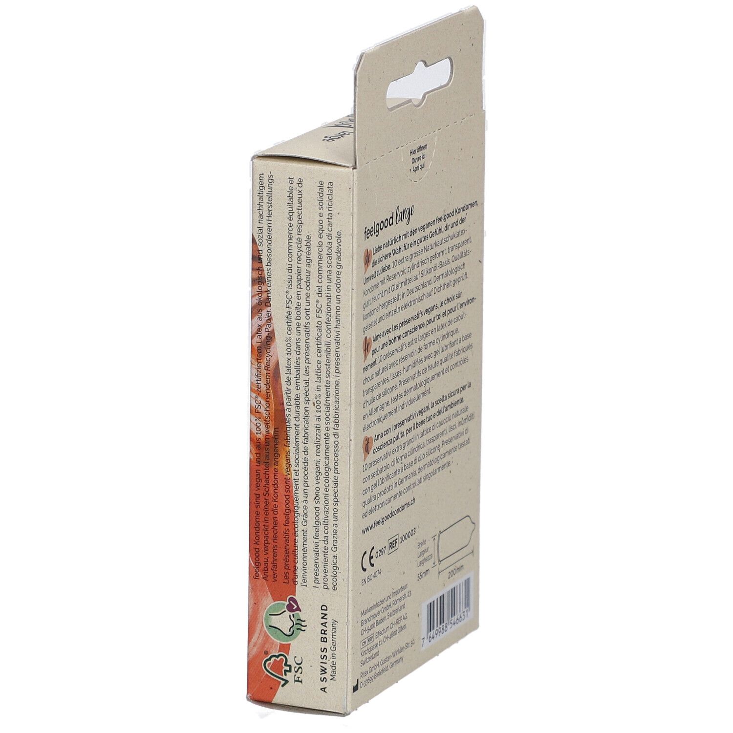 Kondom-Schachtel, Seitenansicht. Text und Logos. FSC-Siegel. A Swiss Brand.