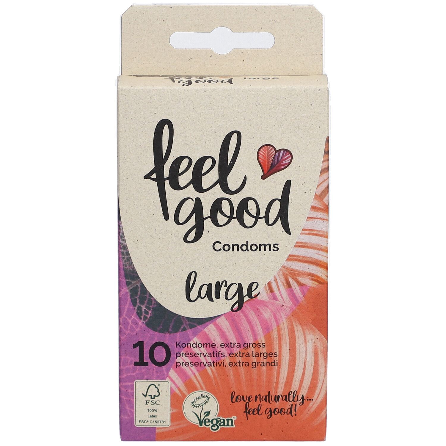 Schachtel mit Kondomen. Aufschrift: feel good Condoms large. 10 Stück. FSC-Siegel und Vegan-Logo.