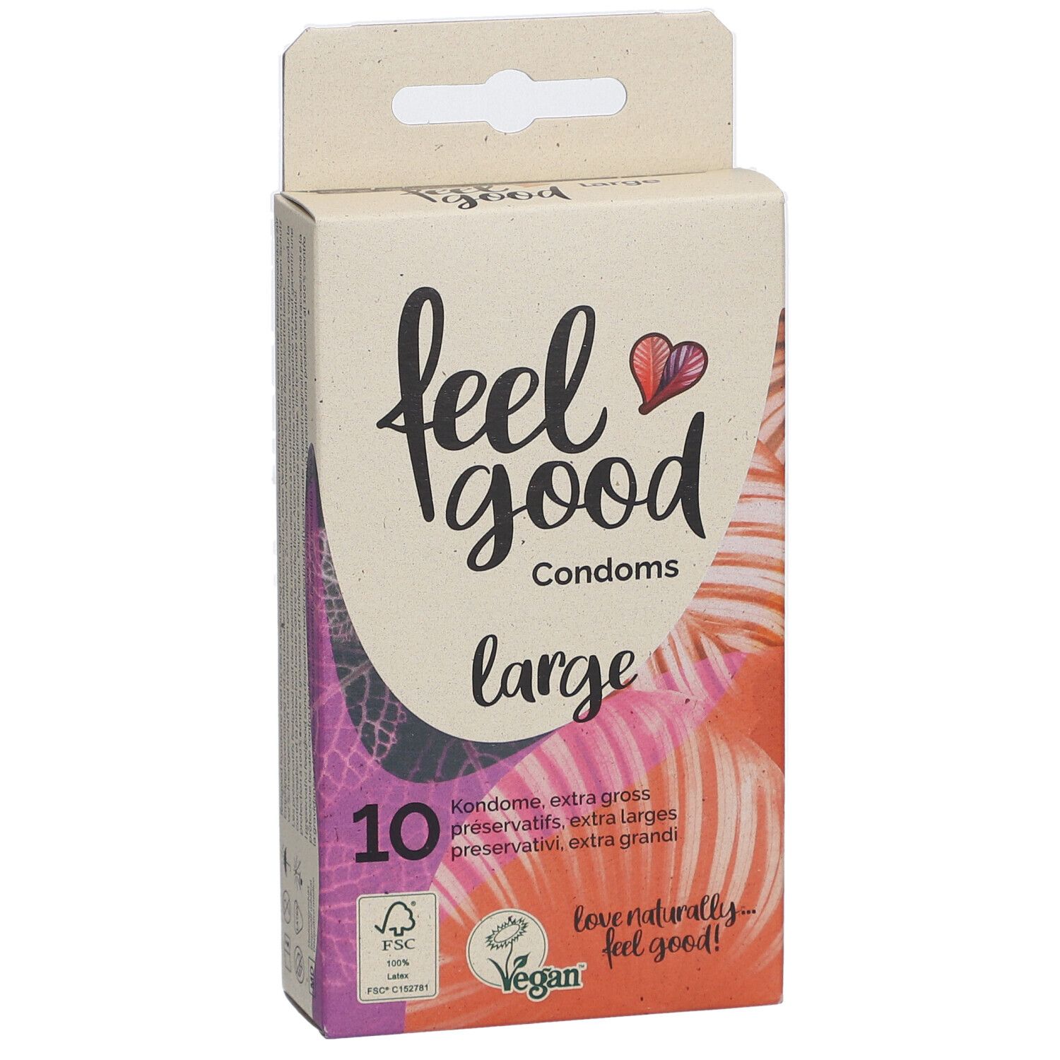 Schachtel mit Kondomen. Aufschrift: feel good Condoms large. 10 Stück. FSC-Siegel und Vegan-Logo.