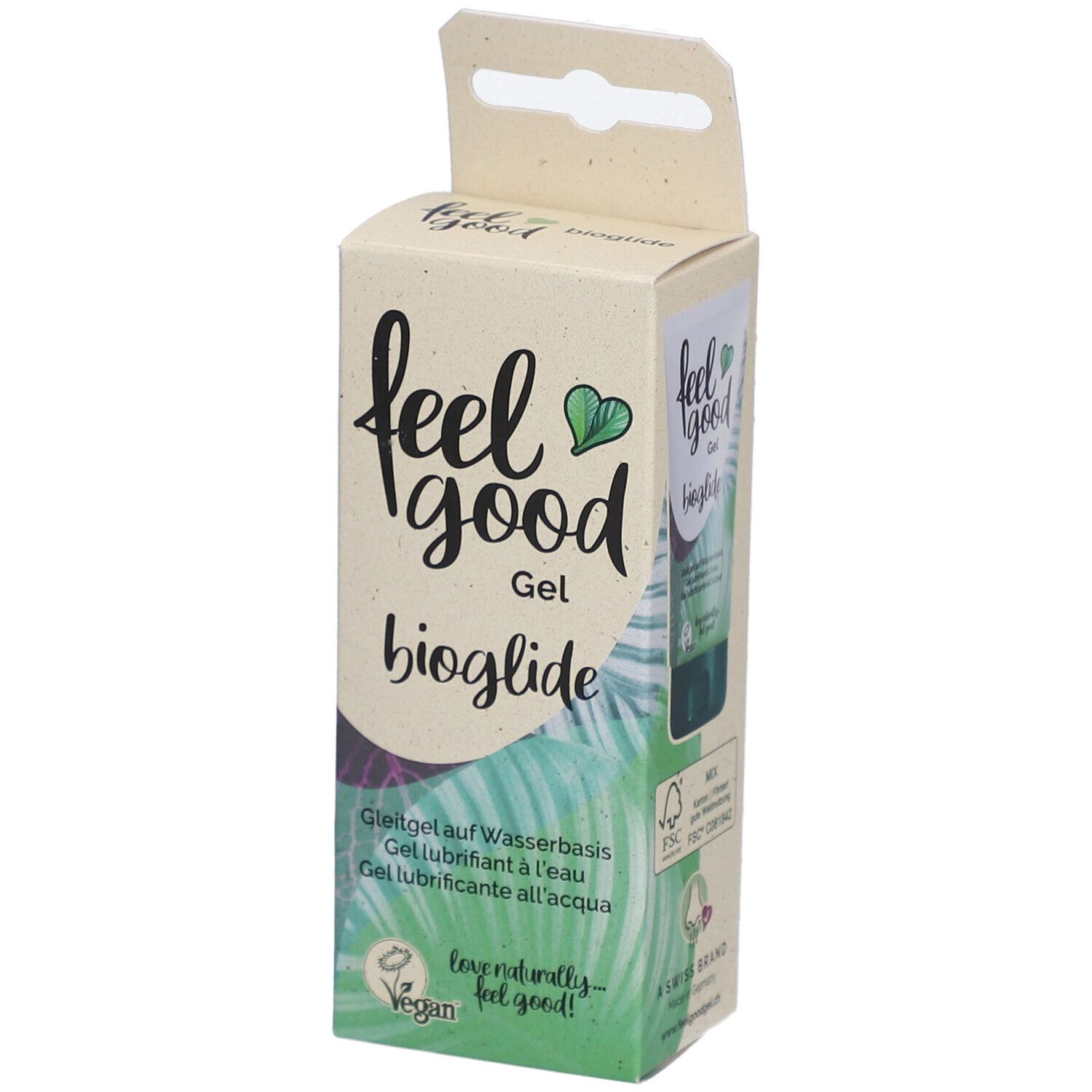 Emballage en carton avec nom et logo du produit. Design vert et blanc. Inscription : Gel lubrifiant à l'eau. Vegan.