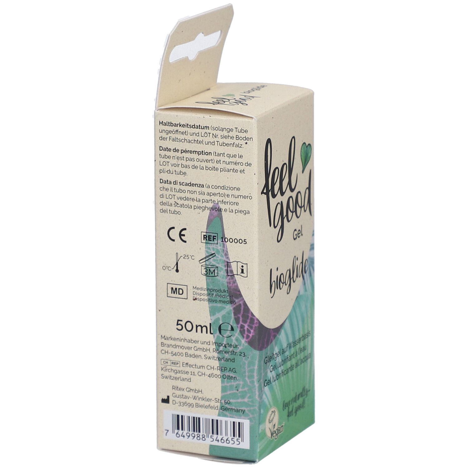 Dos de l'emballage avec texte. Informations sur la durabilité, les ingrédients et le fabricant. 50ml.