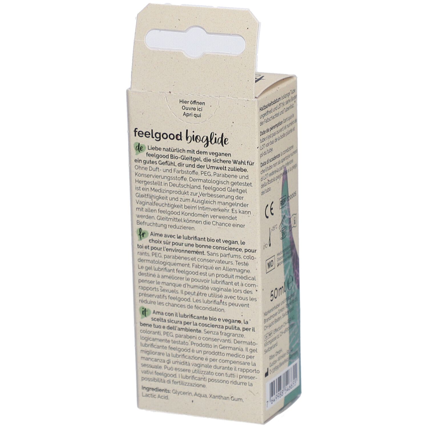 Emballage avec texte. Informations sur les ingrédients, végétalien, testé dermatologiquement. 50ml.