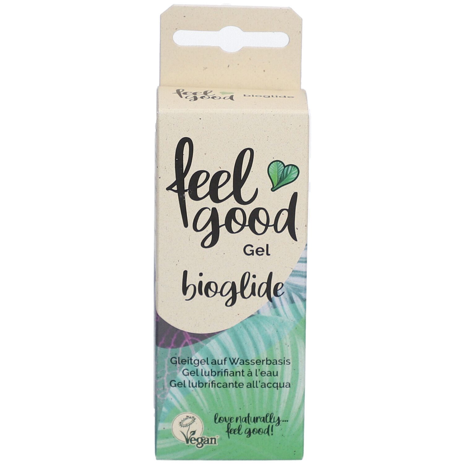 Emballage en carton avec nom et logo du produit. Design vert et blanc. Inscription : Gel lubrifiant à l'eau. Vegan.