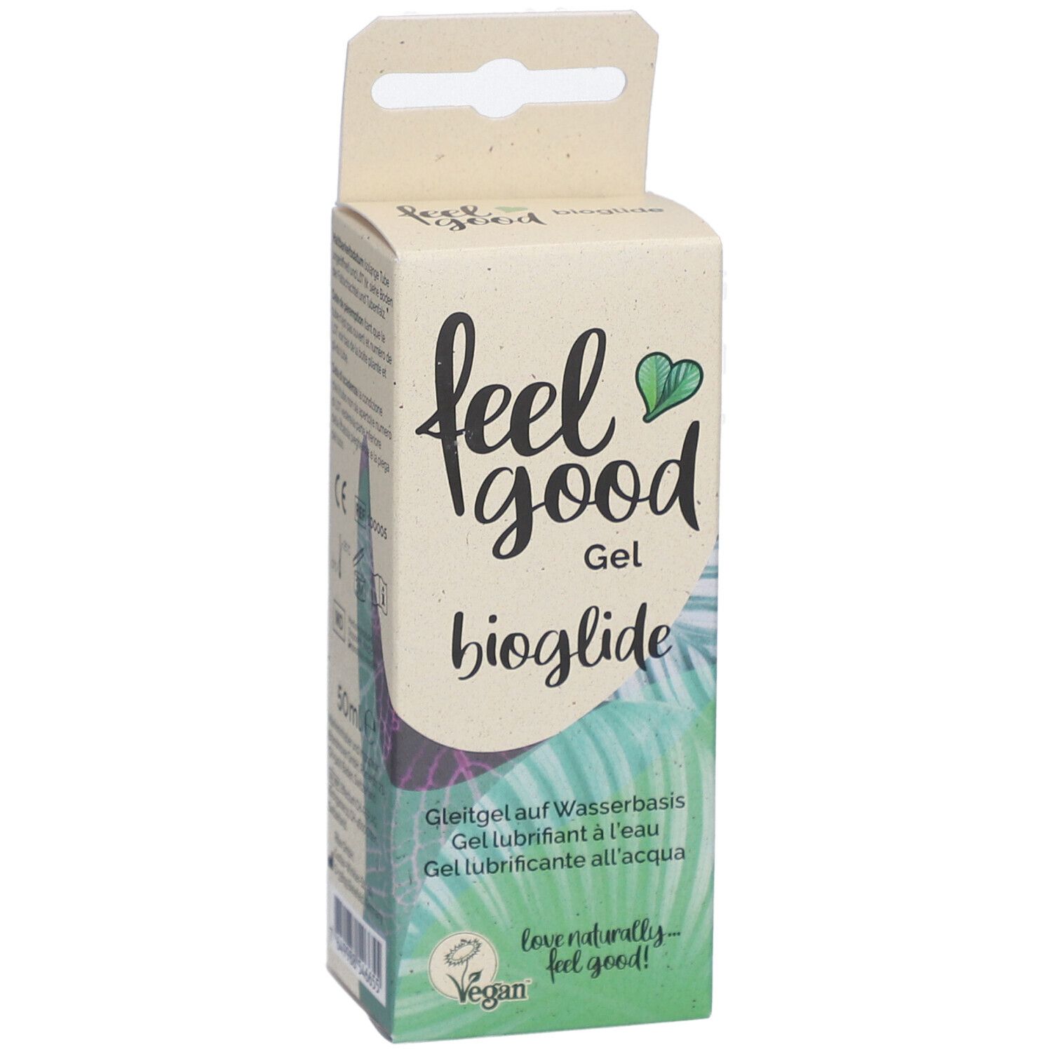 Emballage en carton avec nom et logo du produit. Design vert et blanc. Inscription : Gel lubrifiant à l'eau. Vegan.