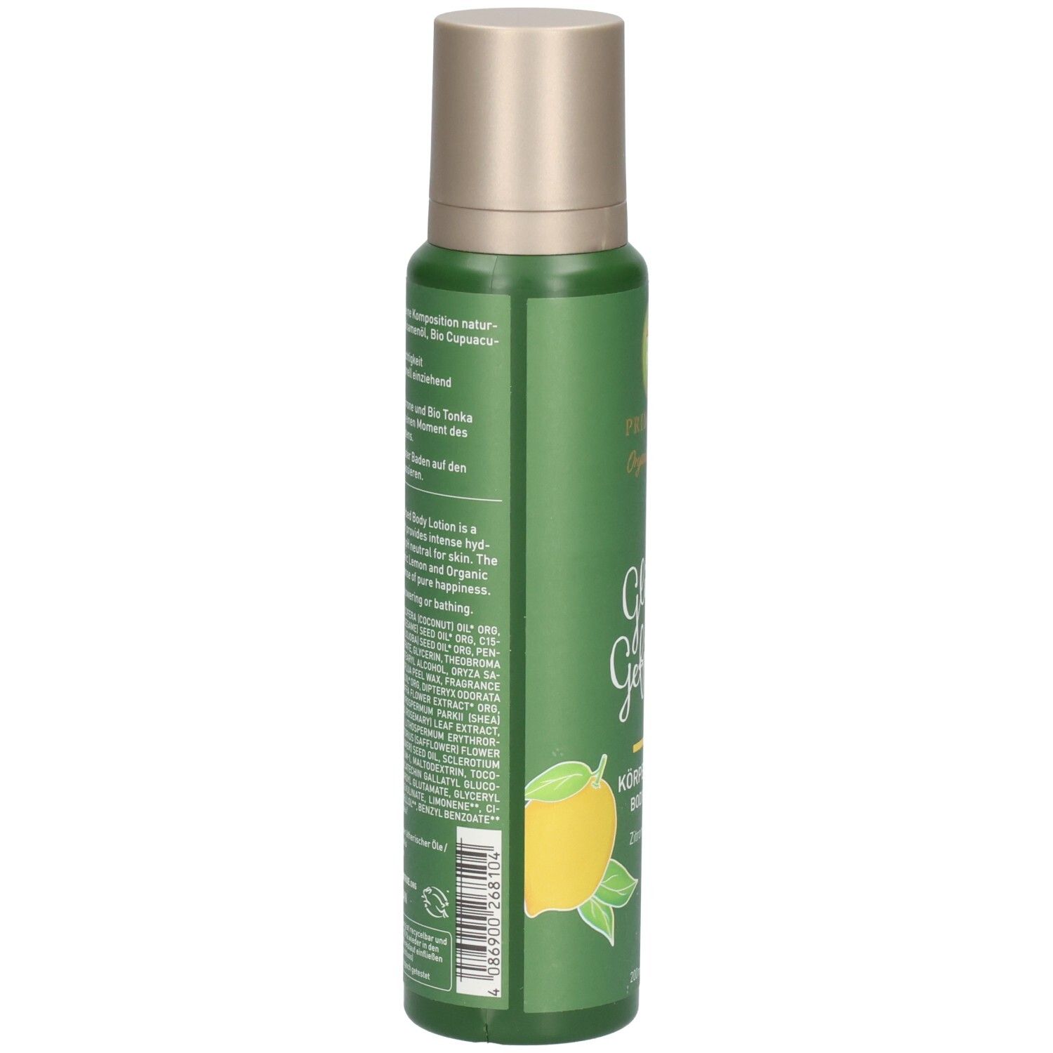 Grüne Sprühflasche mit Zitronenmotiv und Bio-Siegel. Enthält Körperlotion.