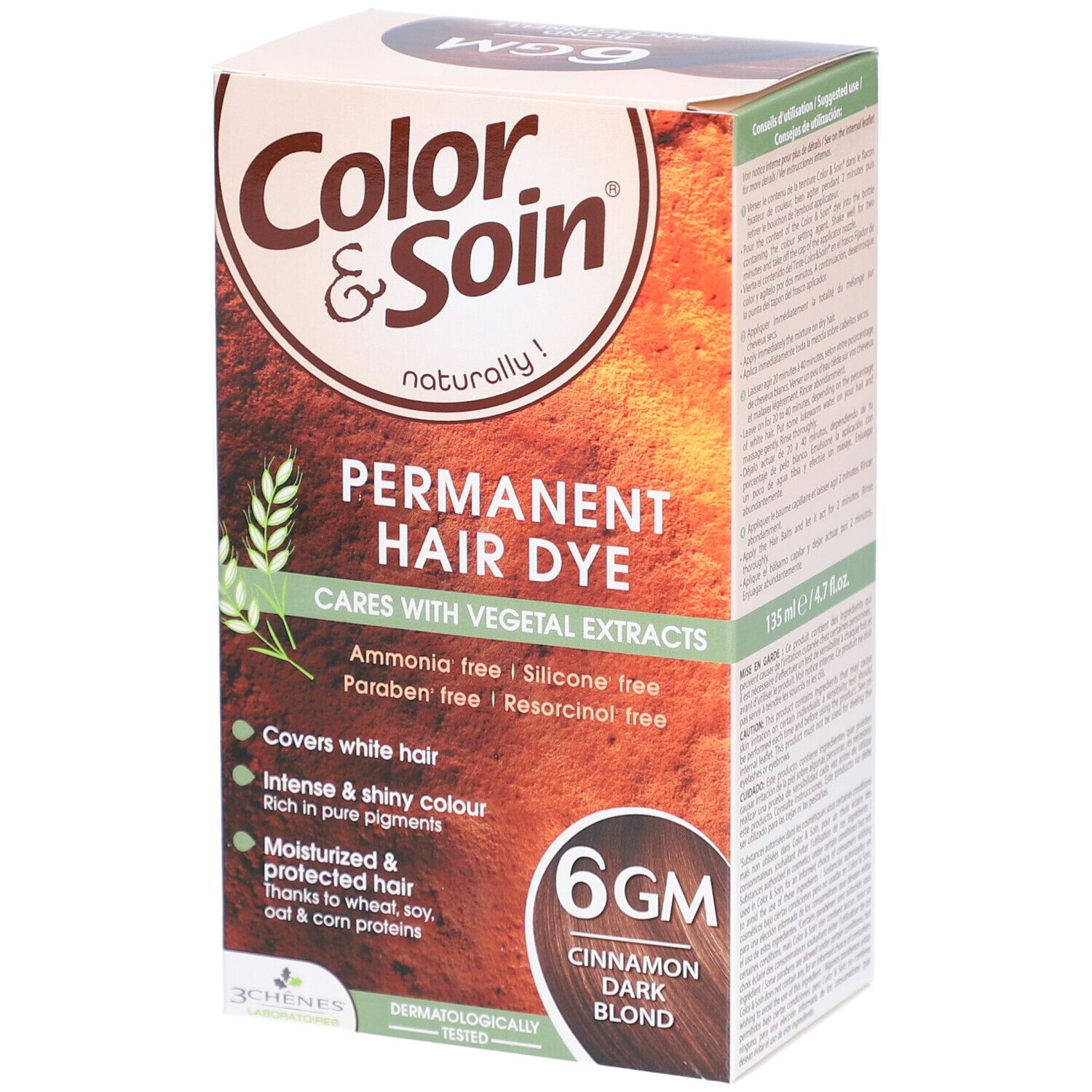 Les 3 Chênes Color & Soin 6GM Dunkelblond Zimt. Karton mit Produktinformationen. Enthält permanente Haarfarbe mit Pflanzenextrakten.