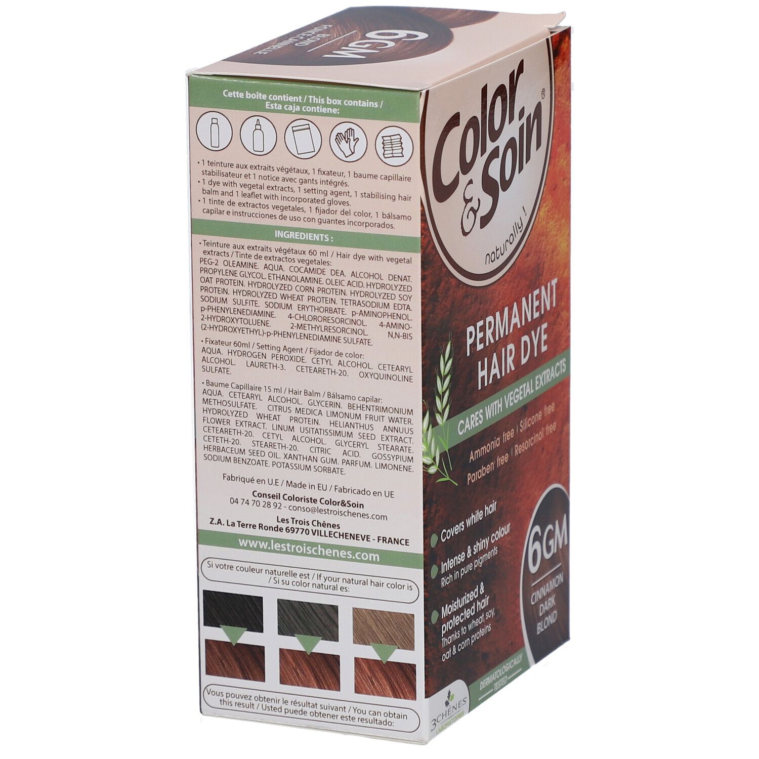 Rückseite der Les 3 Chênes Color & Soin 6GM-Verpackung. Enthält Inhaltsstoffe, Gebrauchsanweisung und Farbbeispiele.