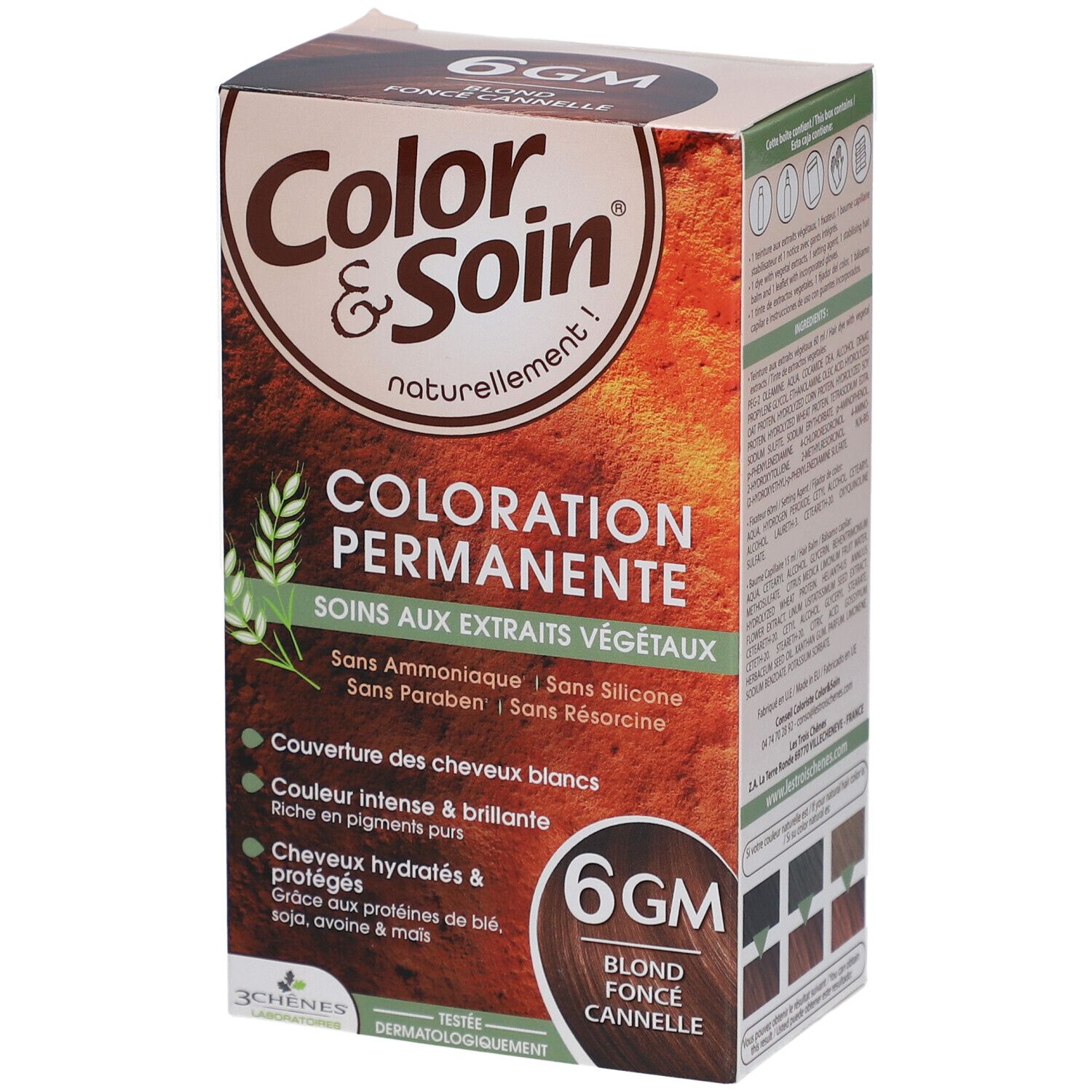 Les 3 Chênes Color & Soin 6GM Blond foncé cannelle. Karton mit Produktinformationen. Enthält permanente Haarfarbe mit Pflanzenextrakten.