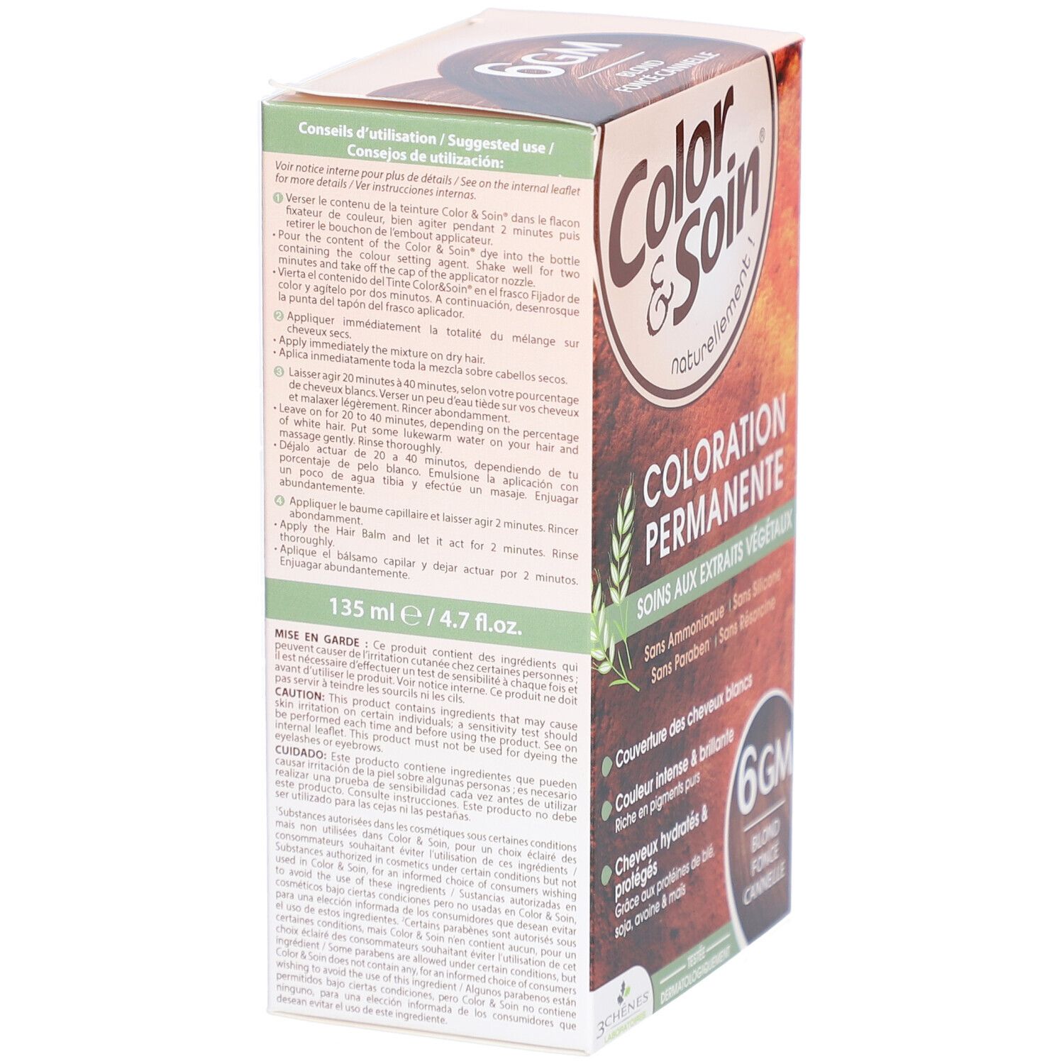 Rückseite der Les 3 Chênes Color & Soin 6GM-Verpackung. Enthält Gebrauchsanweisung und Produktinformationen.