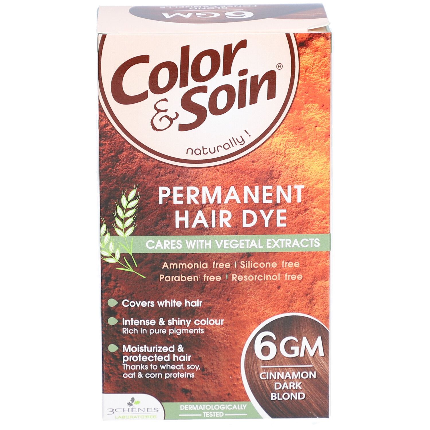 Les 3 Chênes Color & Soin 6GM Dunkelblond Zimt. Karton mit Produktinformationen. Enthält permanente Haarfarbe mit Pflanzenextrakten.