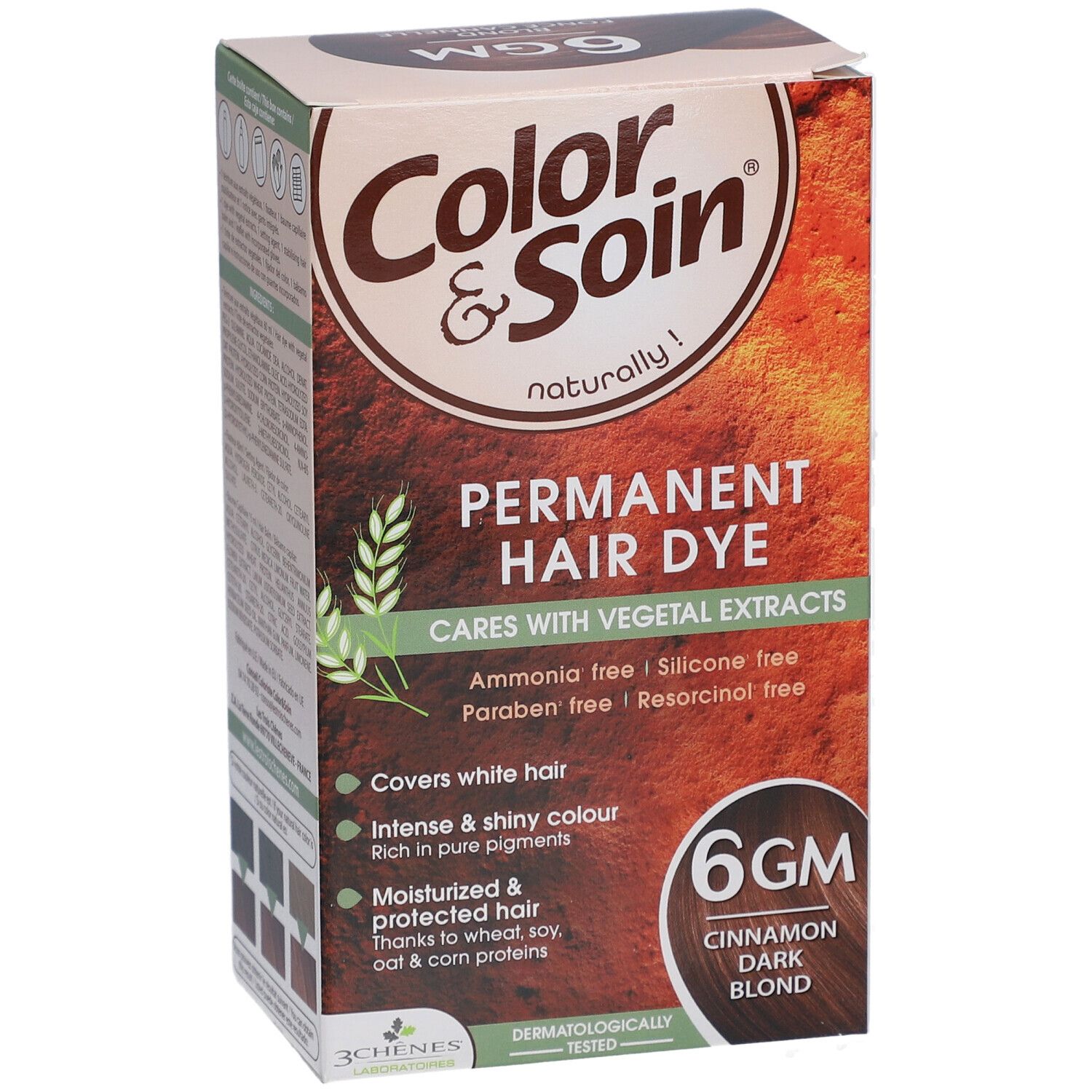 Les 3 Chênes Color & Soin 6GM Dunkelblond Zimt. Karton mit Produktinformationen. Enthält permanente Haarfarbe mit Pflanzenextrakten.