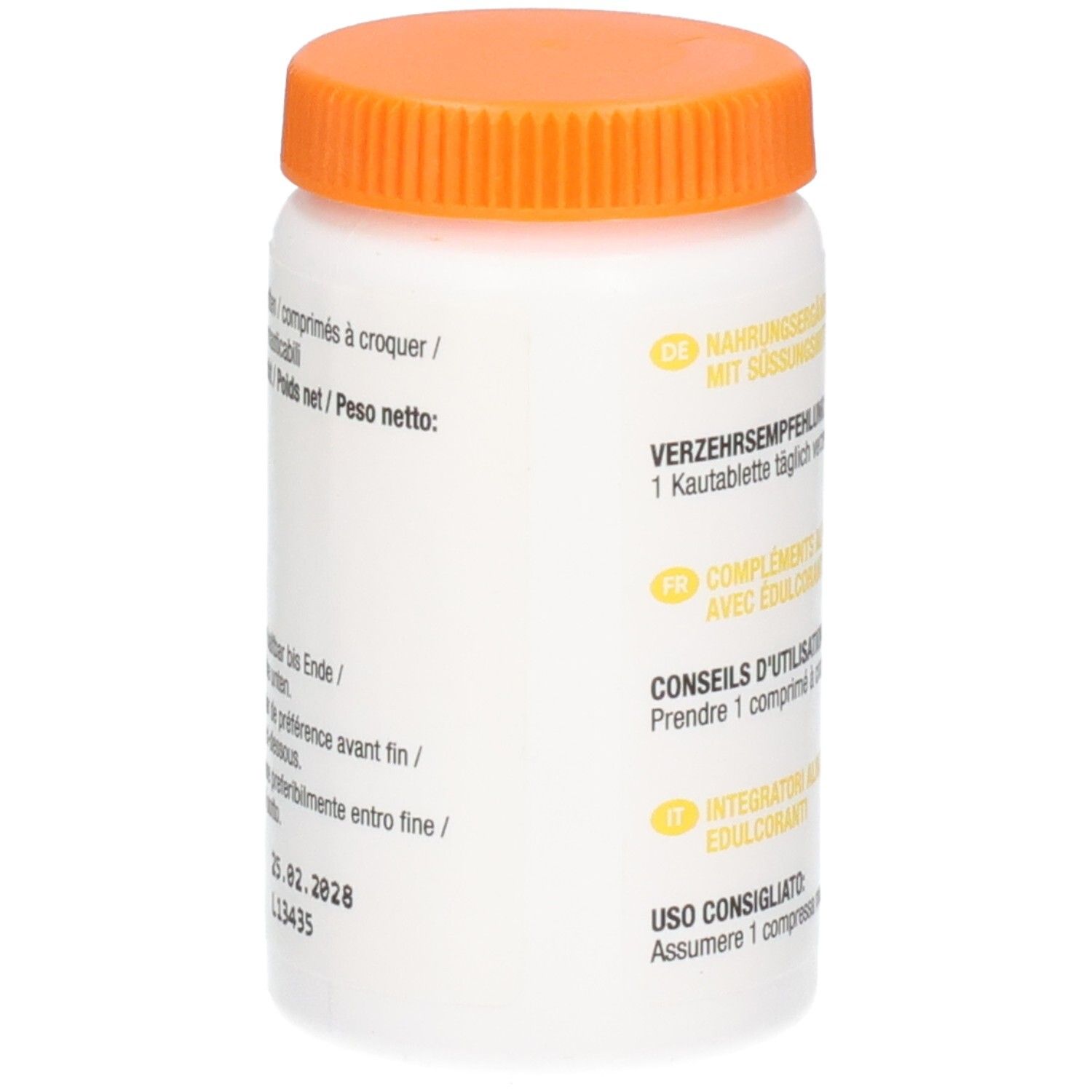 Weiße Flasche mit orangefarbenem Deckel. Text: 60 Kautabletten, Nettogewicht 54g. Mindestens haltbar bis 03.04.2027.