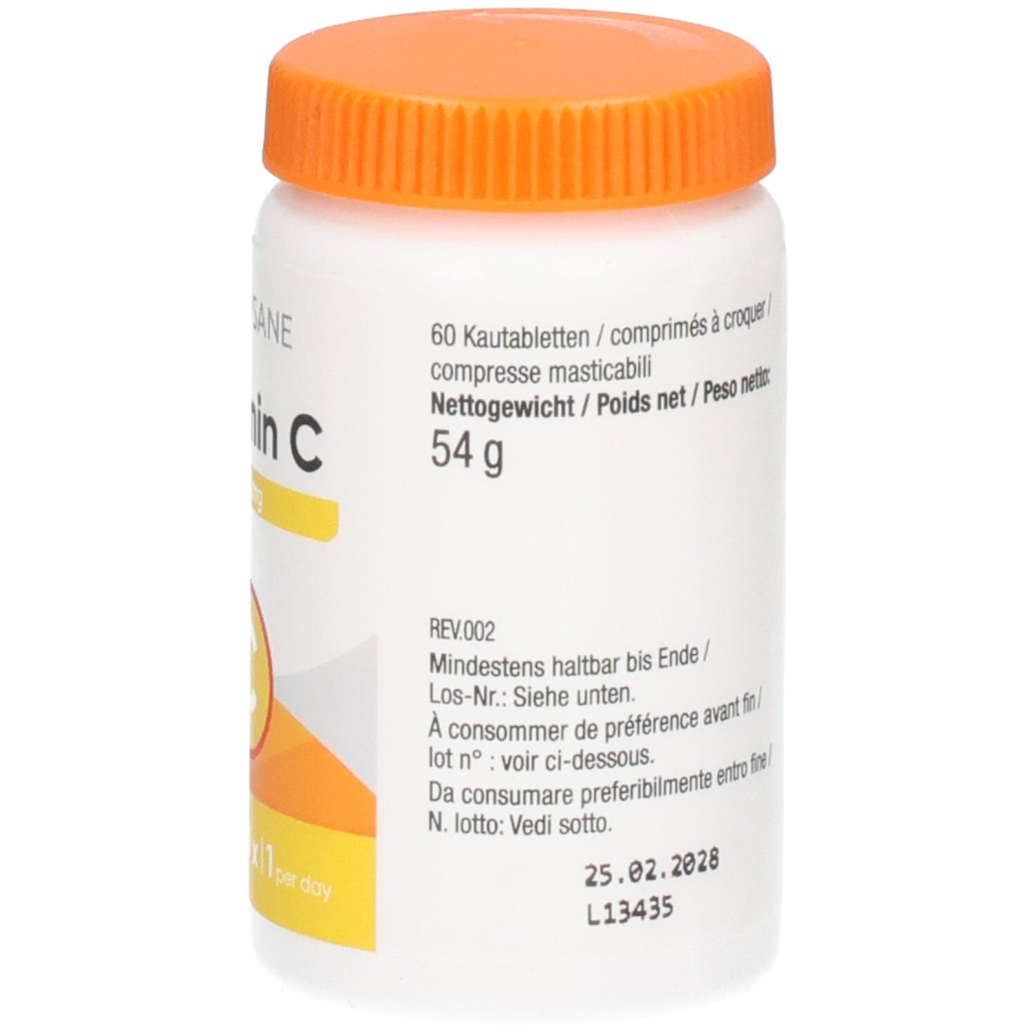 Weiße Flasche mit orangefarbenem Deckel. Text: Vitamin C 500 mg, 60 Tabletten, 1 pro Tag. Logo: C in Kreis.