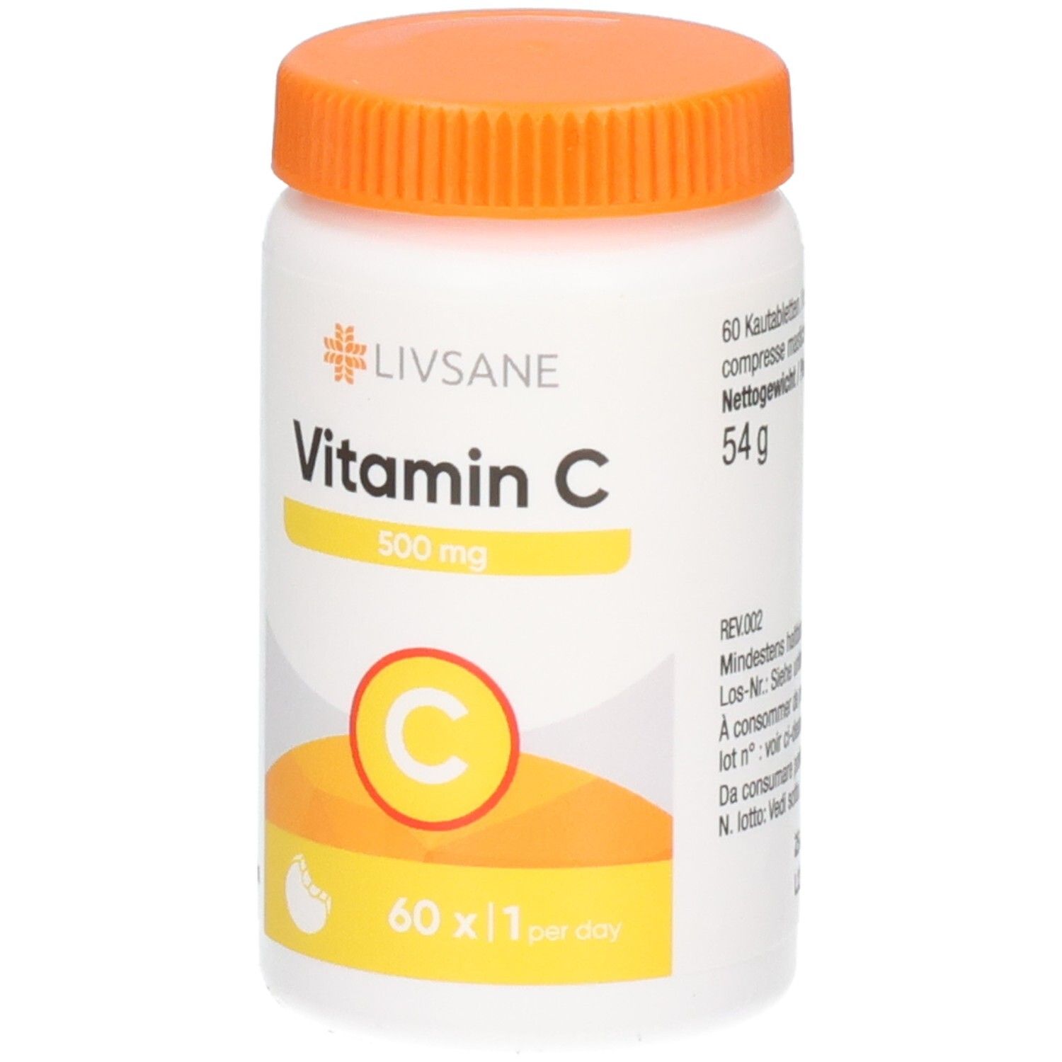Weiße Flasche mit orangefarbenem Deckel. Text: Vitamin C 500 mg, 60 Tabletten, 1 pro Tag. Logo: C in Kreis.