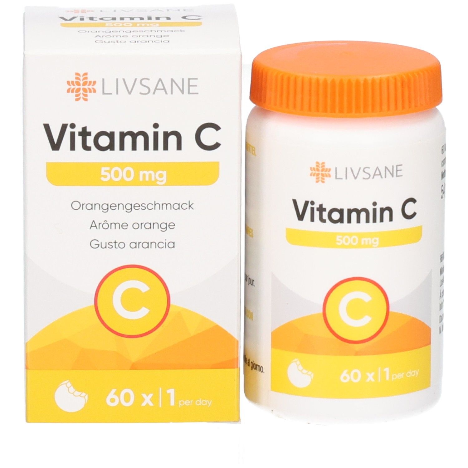 Produktverpackung und Flasche. Verpackung: Weiß, Text: Vitamin C 500 mg, Orangengeschmack. Flasche: Weiß, orangefarbener Deckel.