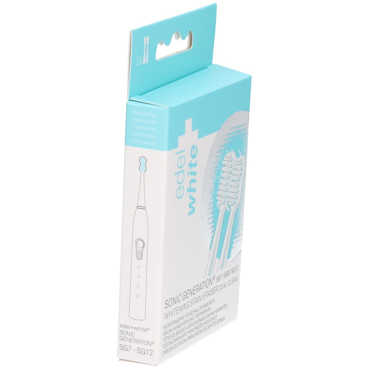 Verpackung für eine Edel White Sonic Generation SG7-SG12 Schallzahnbürste mit Aufsatz.