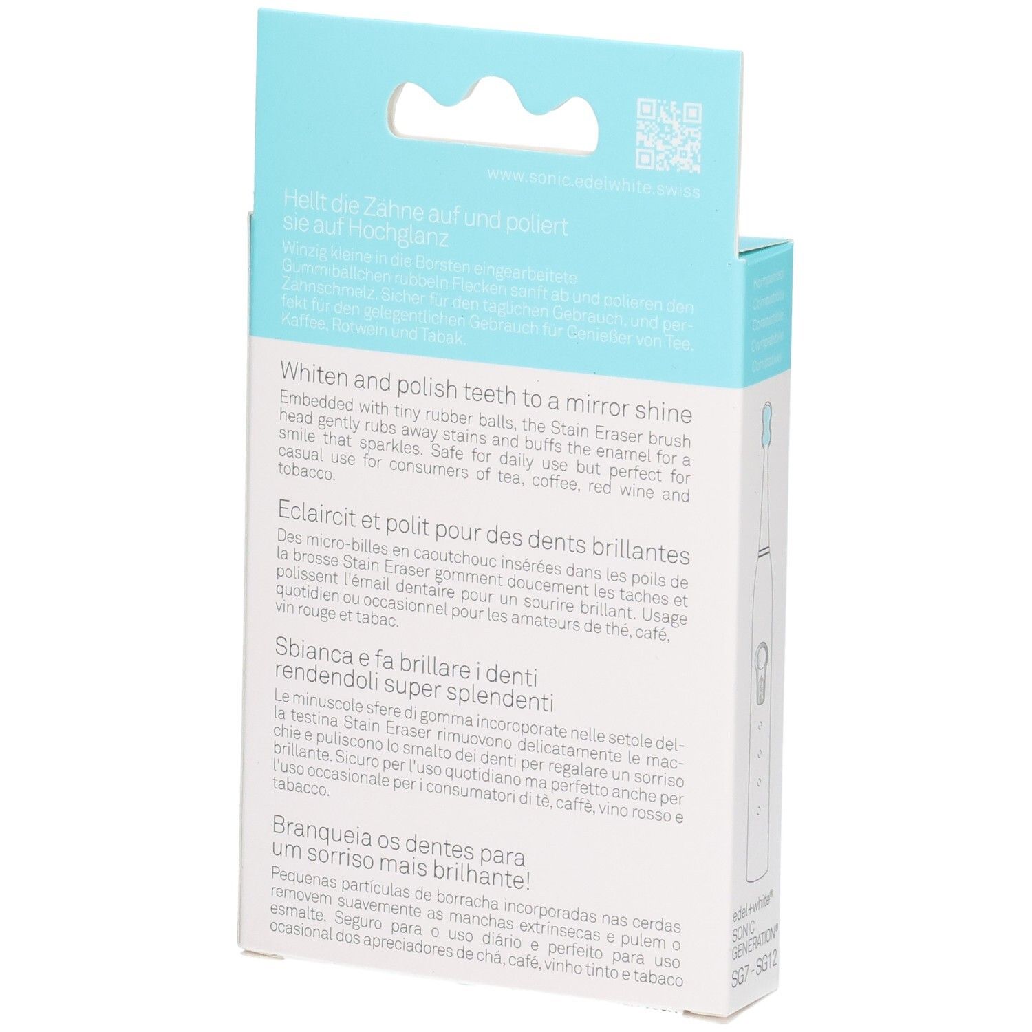 Verpackung eines Zahnaufhellungs- und Poliergeräts mit mehrsprachigen Produktinformationen.