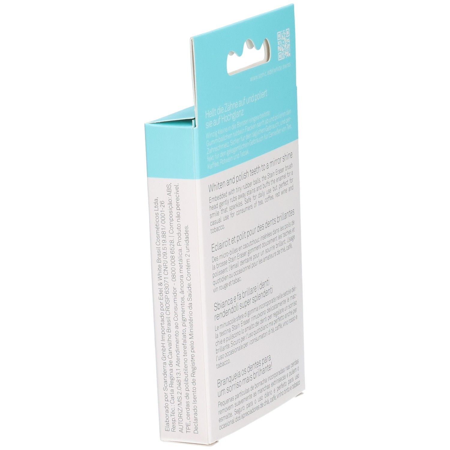 Verpackung für ein Zahnaufhellungs- und Polierprodukt mit mehrsprachigen Anweisungen.