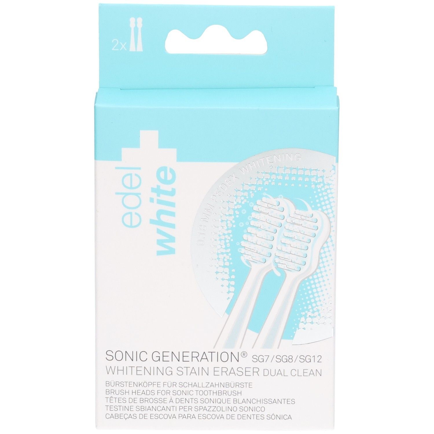 Verpackung mit zwei Edel White Sonic Generation Zahnbürstenköpfen, SG7/SG8/SG12, Whitening Stain Eraser Dual Clean.