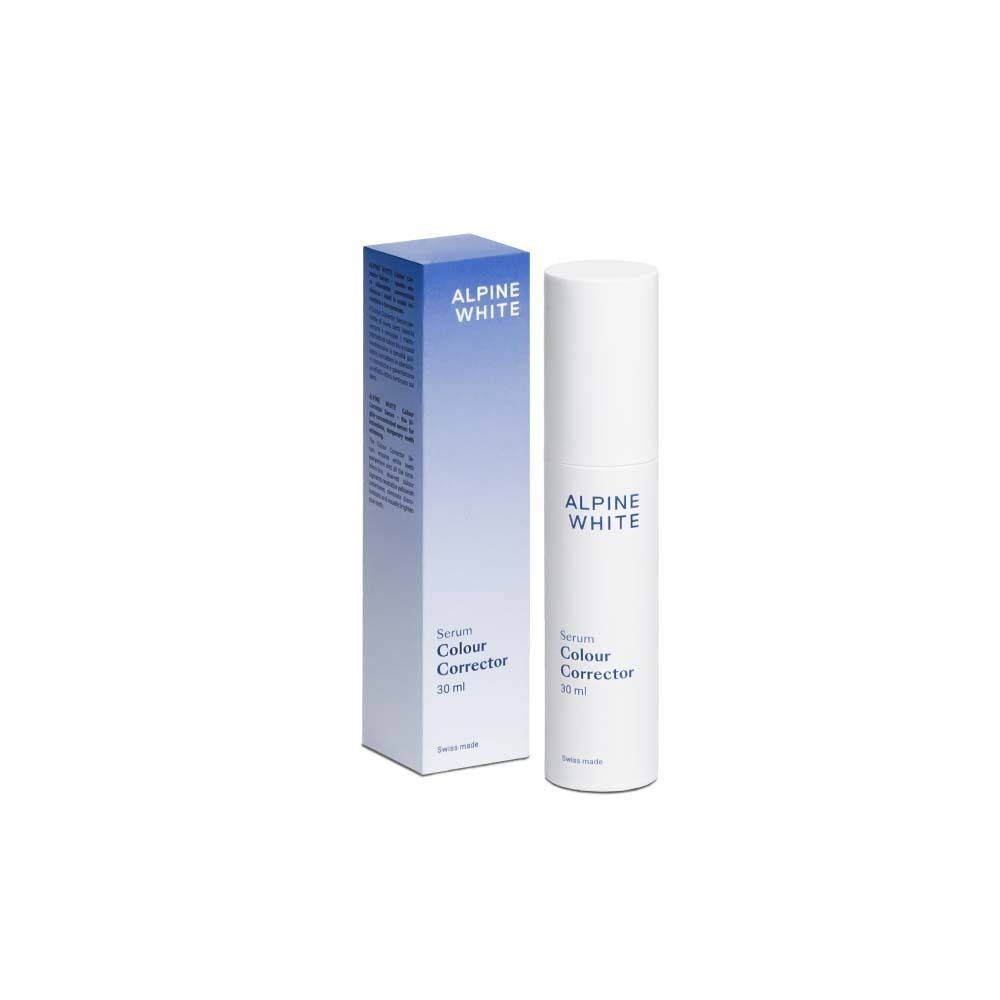 Serum- und Verpackung. Weißes Serum, blaue Verpackung mit Schriftzug ALPINE WHITE, Serum Colour Corrector, 30 ml.