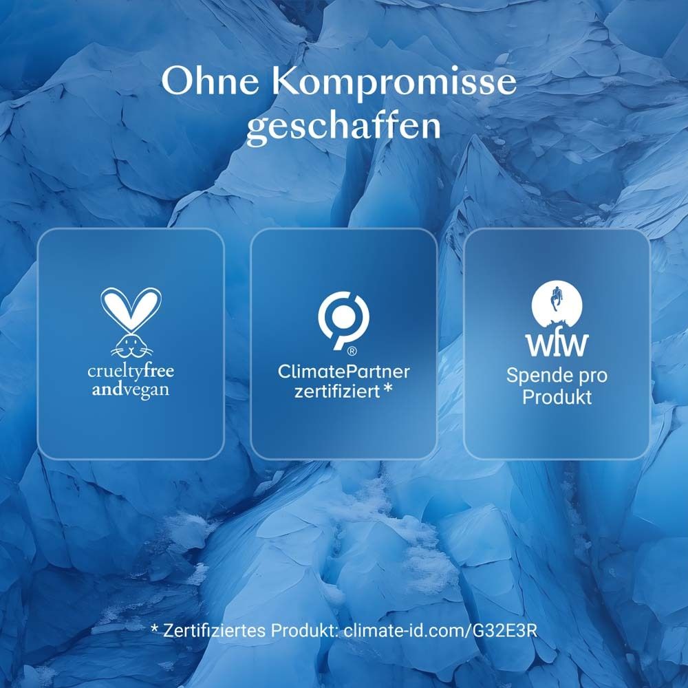 Blauer Hintergrund mit Logos. Crueltyfree andvegan, ClimatePartner zertifiziert, Spende pro Produkt.