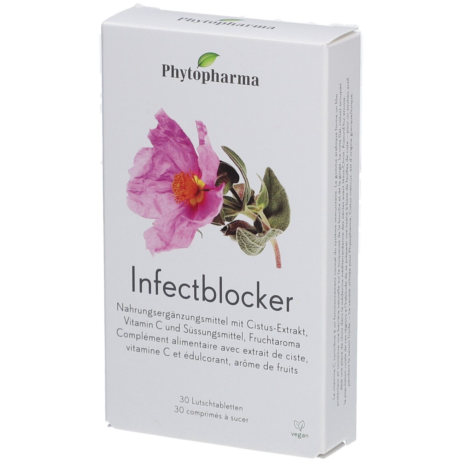 Boîte blanche avec image du produit et texte "Infectblocker". Contient 30 comprimés à sucer. Marque: Phytopharma.