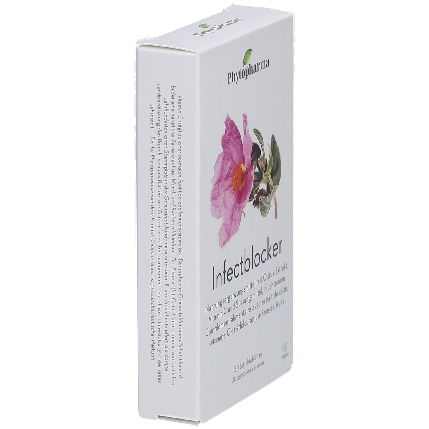 Boîte blanche, vue latérale. Nom du produit "Infectblocker" et marque "Phytopharma" visibles. Texte en allemand et français.