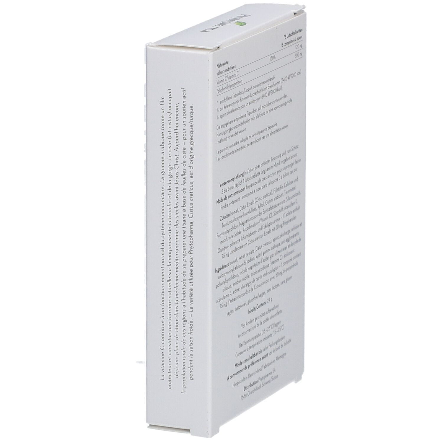 Boîte, vue latérale. Extraits de texte en allemand et français. Contient des informations sur le produit et la marque Phytopharma.