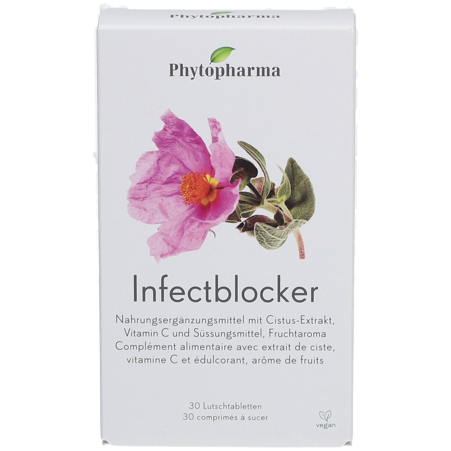Boîte blanche avec image du produit et texte "Infectblocker". Contient 30 comprimés à sucer. Marque: Phytopharma.