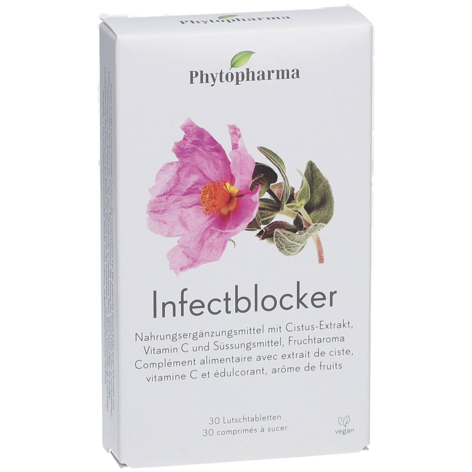 Boîte blanche avec image du produit et texte "Infectblocker". Contient 30 comprimés à sucer. Marque: Phytopharma.