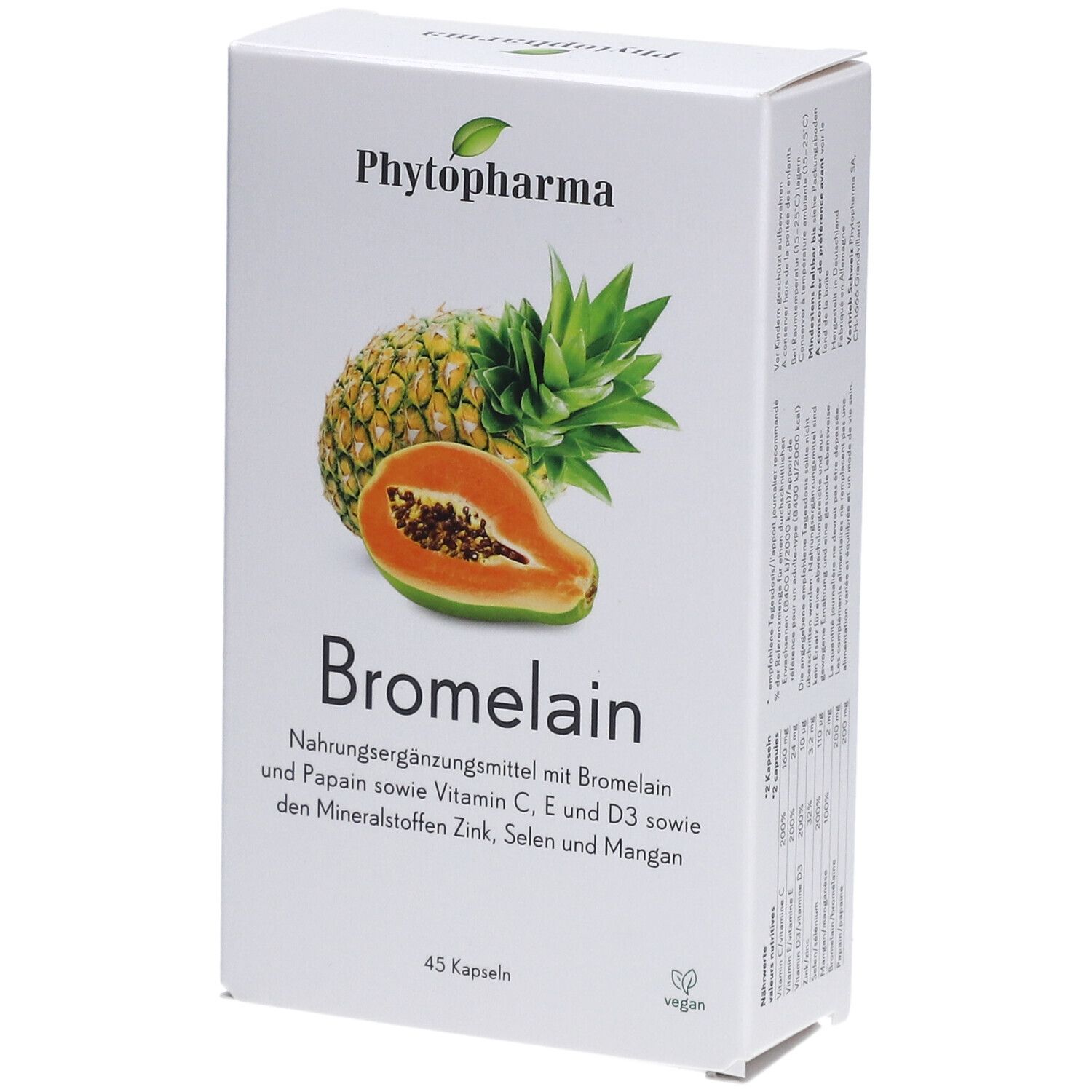 Weiße Schachtel mit "Phytopharma" Logo, Ananas- und Papaya-Illustration. Text: "Bromelain", "45 Kapseln", vegan.