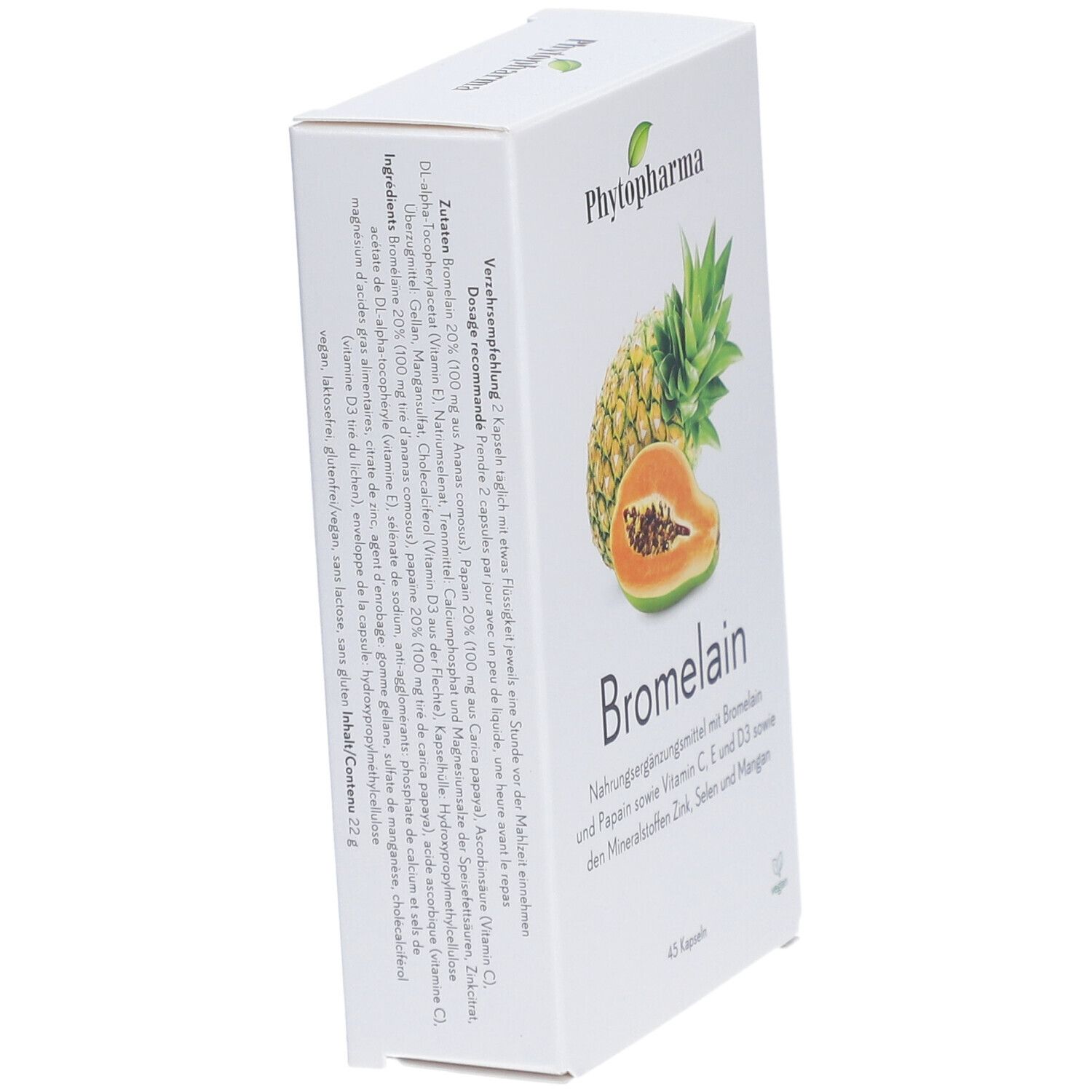 Schachtel mit "Phytopharma Bromelain". Ananas- und Papaya-Illustration. Text auf der Seite. 45 Kapseln. Vegan.