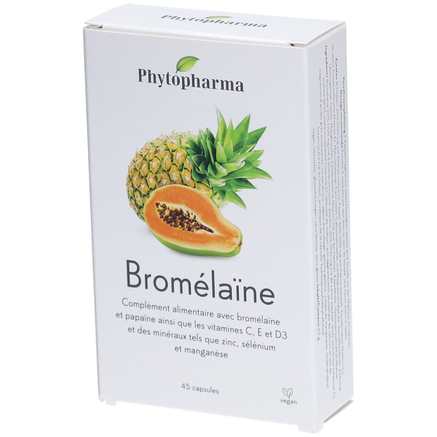 Weiße Schachtel mit "Phytopharma" Logo, Ananas- und Papaya-Illustration. Text: "Bromélaïne", "45 capsules", vegan.