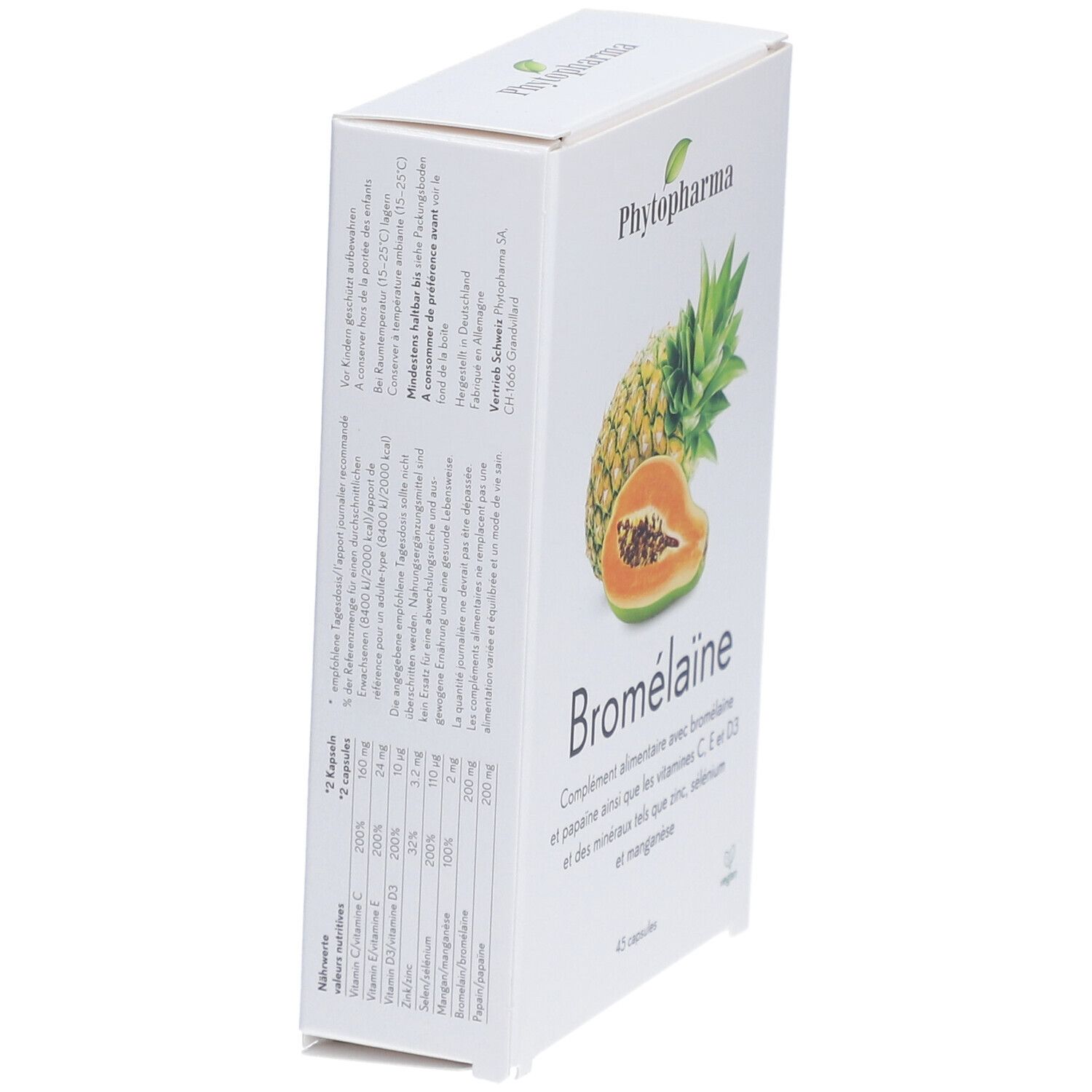 Schachtel mit "Phytopharma Bromélaïne". Ananas- und Papaya-Illustration. Text auf der Seite. 45 Kapseln. Vegan.
