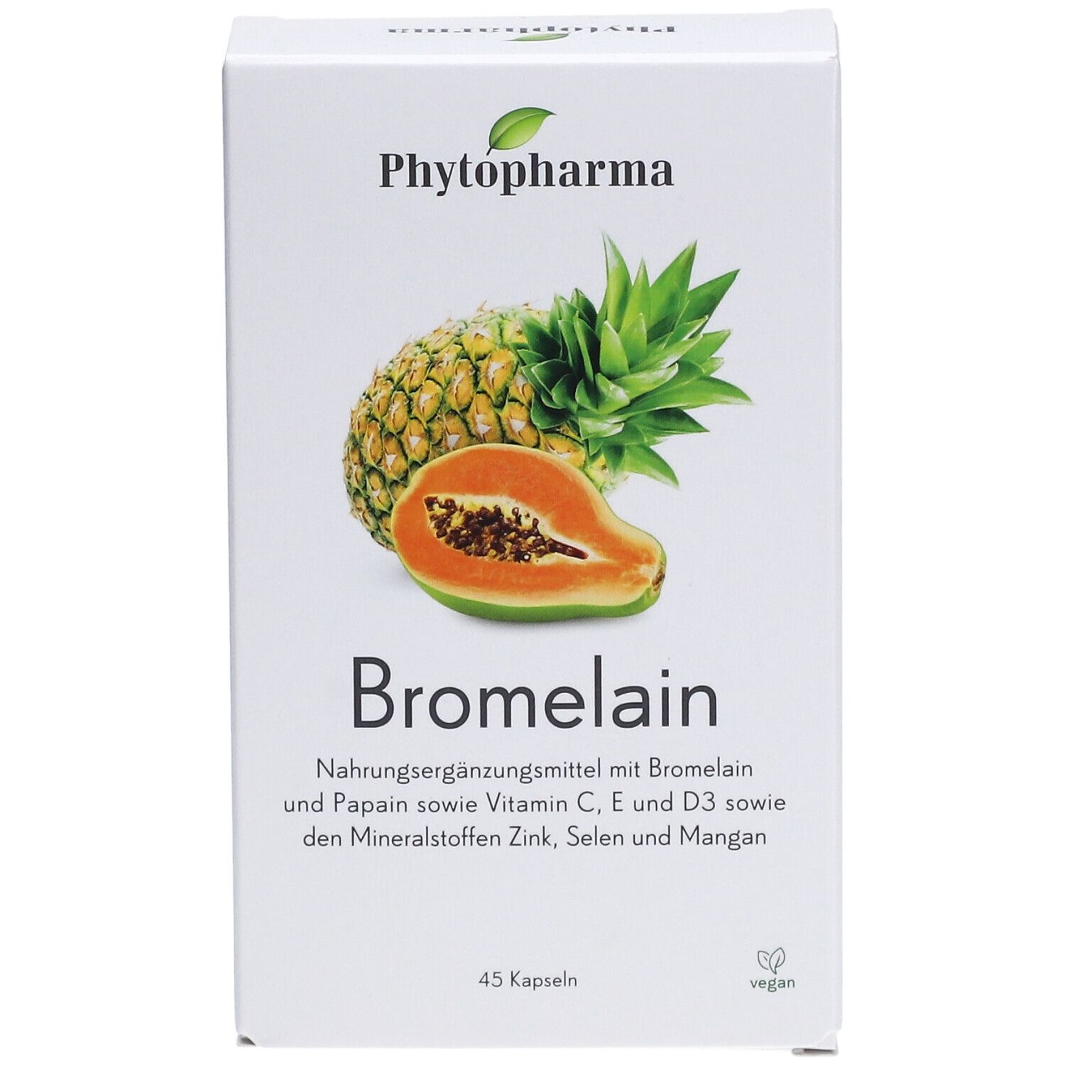 Weiße Schachtel mit "Phytopharma" Logo, Ananas- und Papaya-Illustration. Text: "Bromelain", "45 Kapseln", vegan.