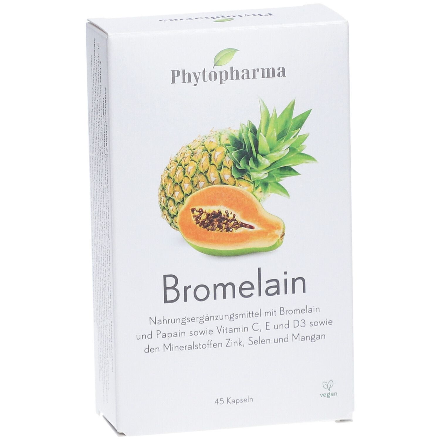 Weiße Schachtel mit "Phytopharma" Logo, Ananas- und Papaya-Illustration. Text: "Bromelain", "45 Kapseln", vegan.