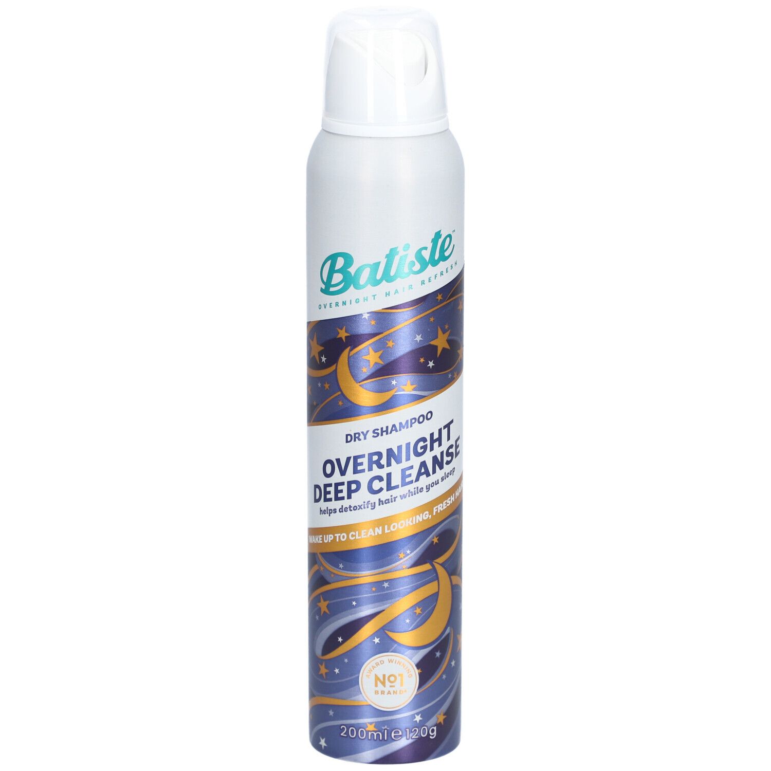 Flacon de shampooing sec Batiste. Design blanc et violet avec étoiles. Texte : Overnight Deep Cleanse. 200ml.